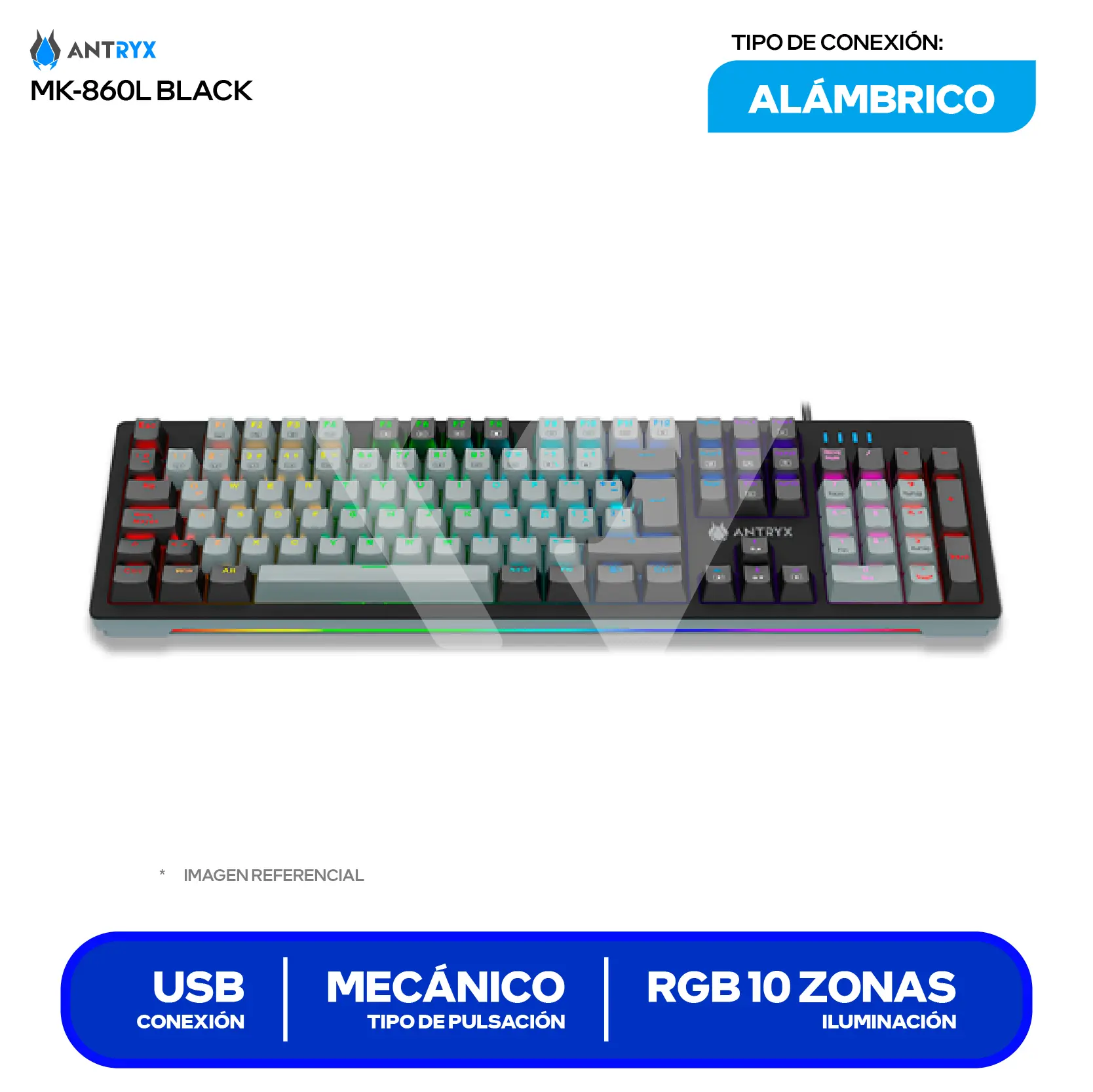 Teclado Gamer Antryx MK-860L Negro (AMK-860LKGRER1-SP) Mecánico, RGB, Switch Red