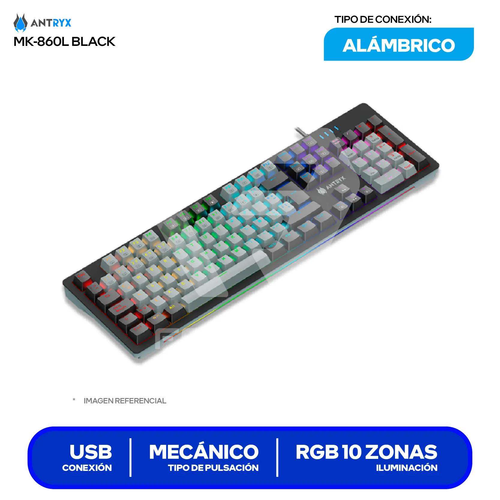 Teclado Gamer Antryx MK-860L Negro (AMK-860LKGRER1-SP) Mecánico, RGB, Switch Red