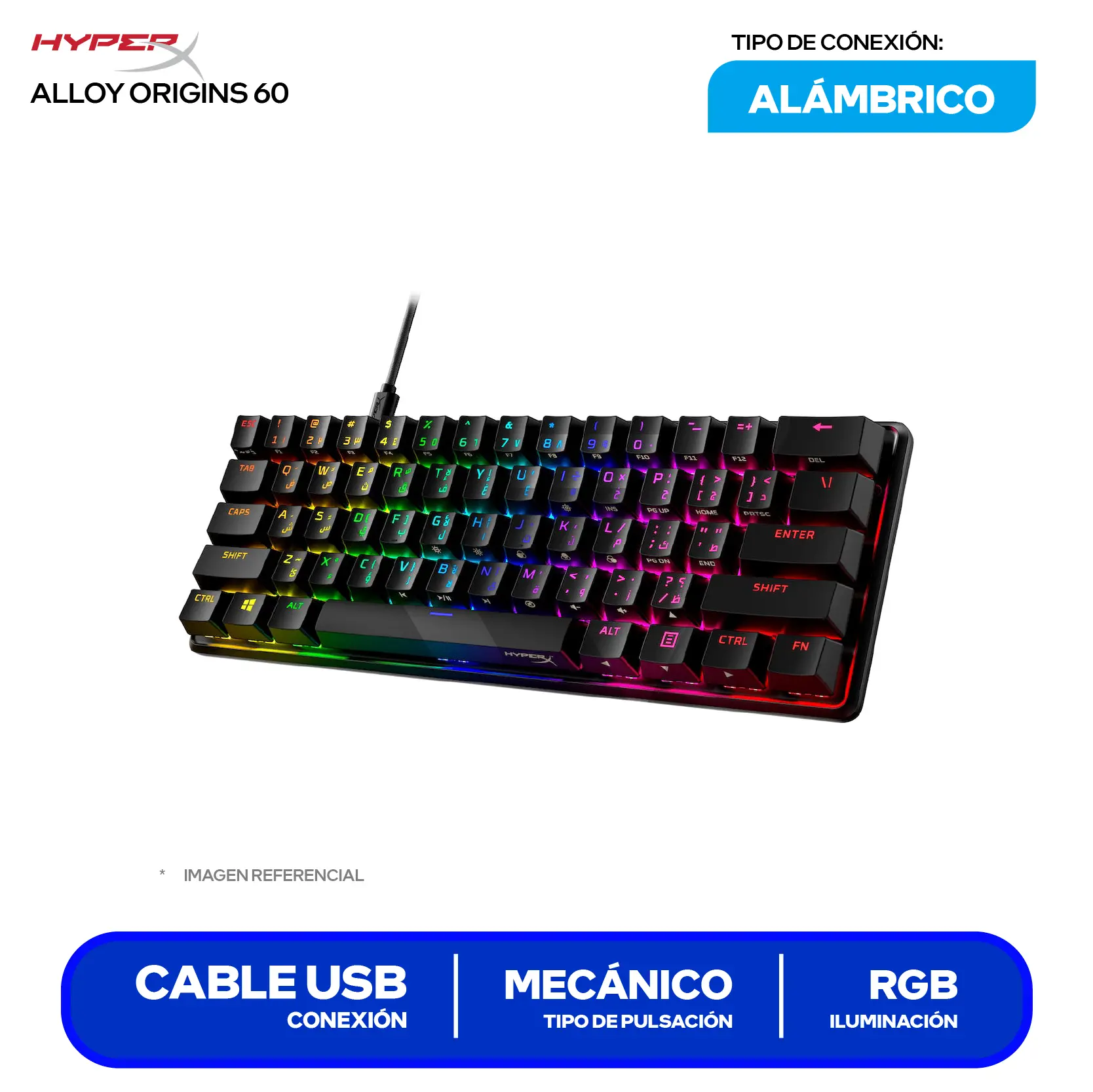 Teclado Gamer Hyperx Alloy Origins 60 Negro ( 4P5N4AA ) Mecánico RGB