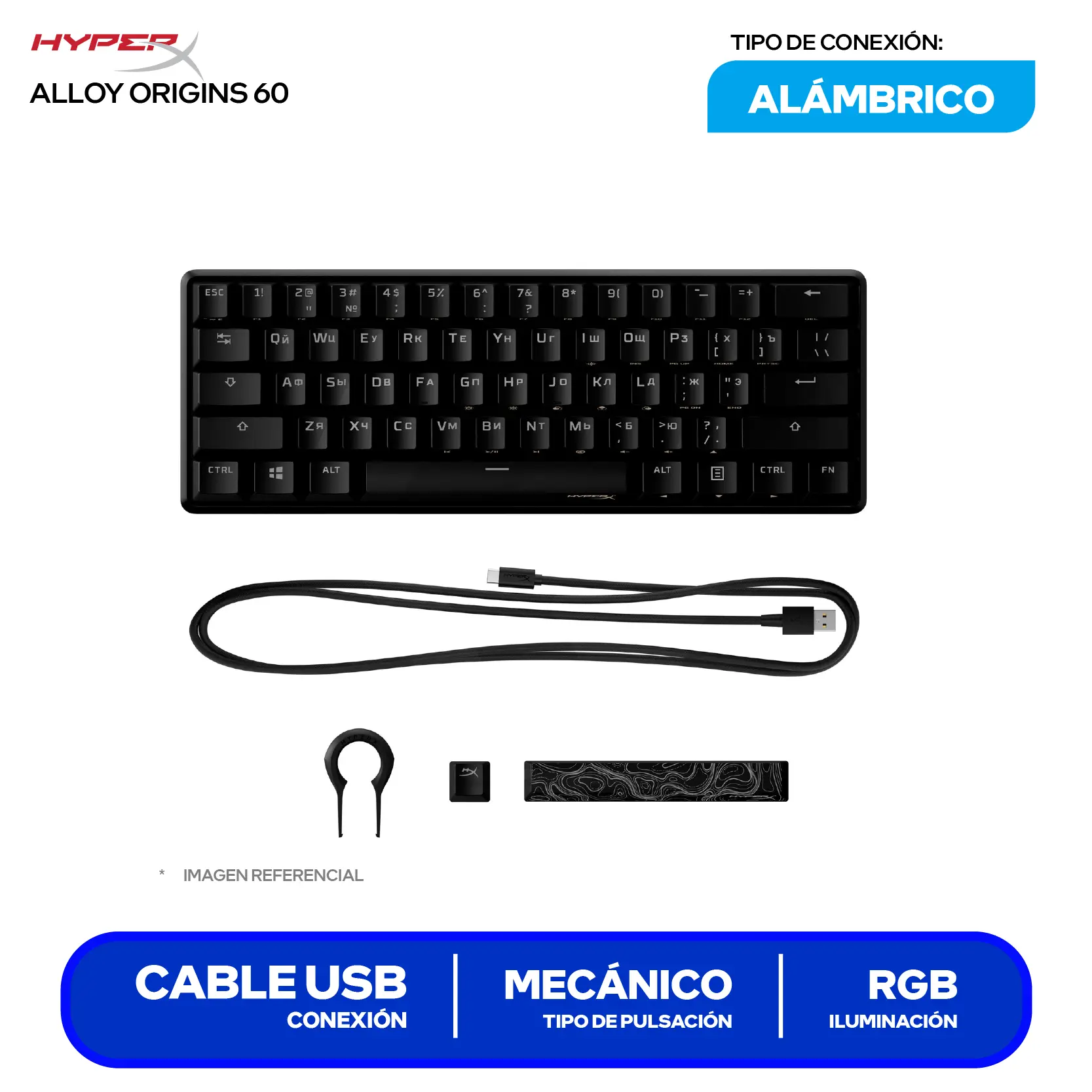 Teclado Gamer Hyperx Alloy Origins 60 Negro ( 4P5N4AA ) Mecánico RGB