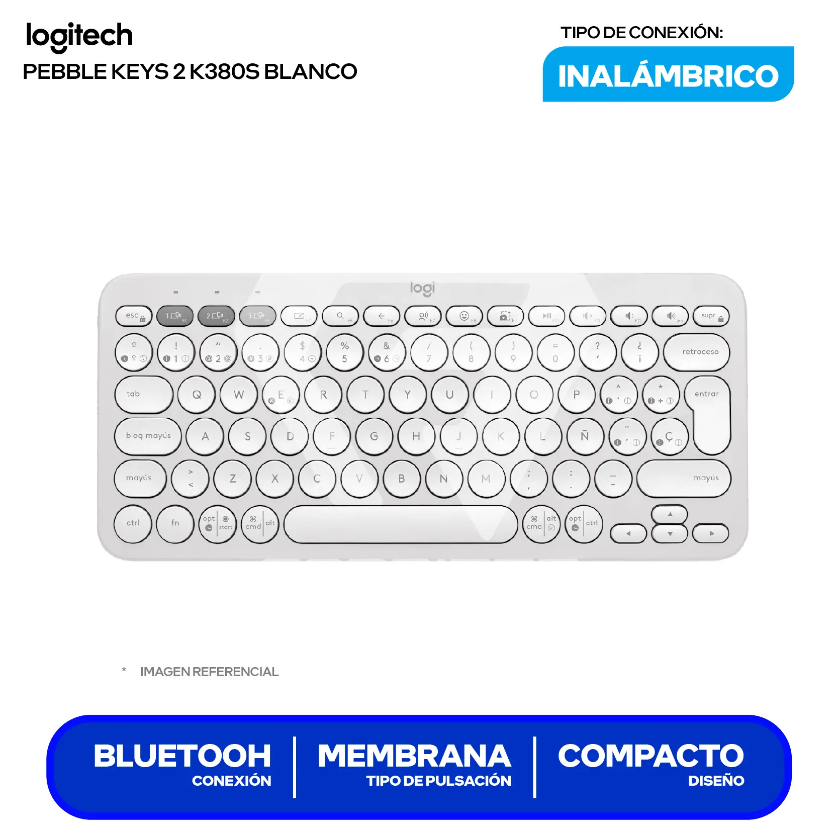 Teclado Bluetooth Logitech Pebble Keys 2 K380s Blanco ( 920-011784 ) Membrana