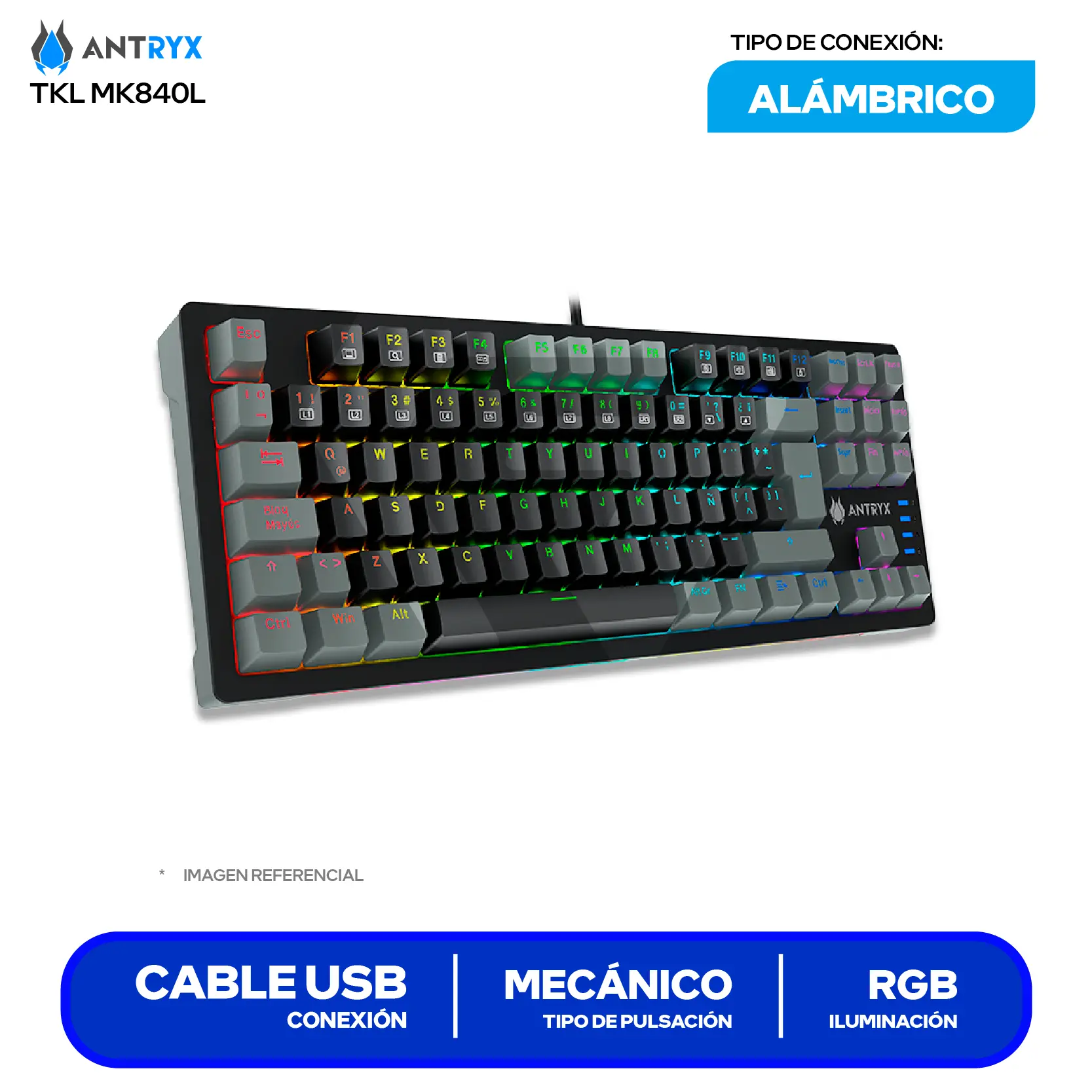 Teclado Gamer Antryx MK-840L Negro C/ Gris ( AMK-840LKGBLR1-SP )  Switch Blue, Mecánico RGB