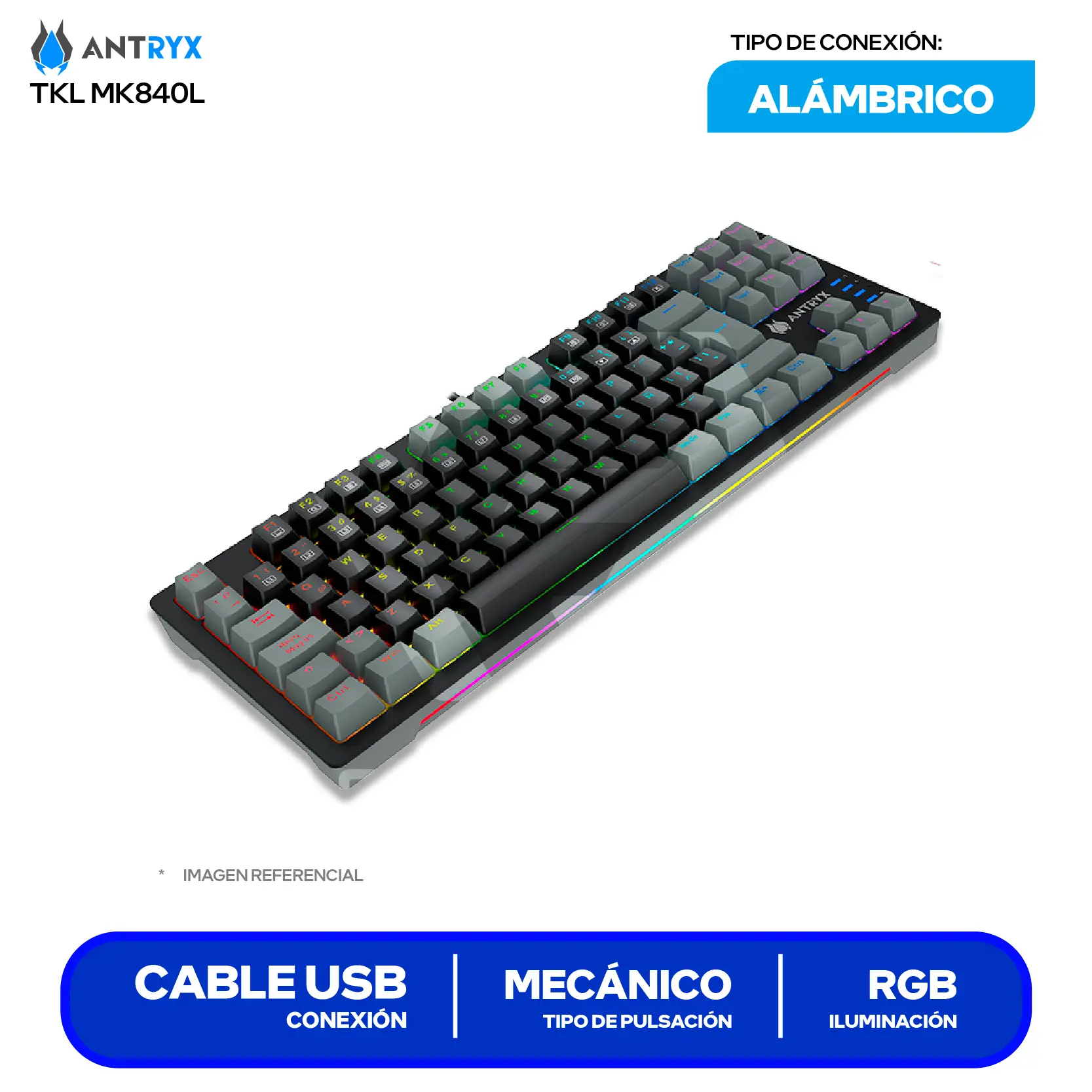 Teclado Gamer Antryx MK-840L Negro C/ Gris ( AMK-840LKGBLR1-SP )  Switch Blue, Mecánico RGB