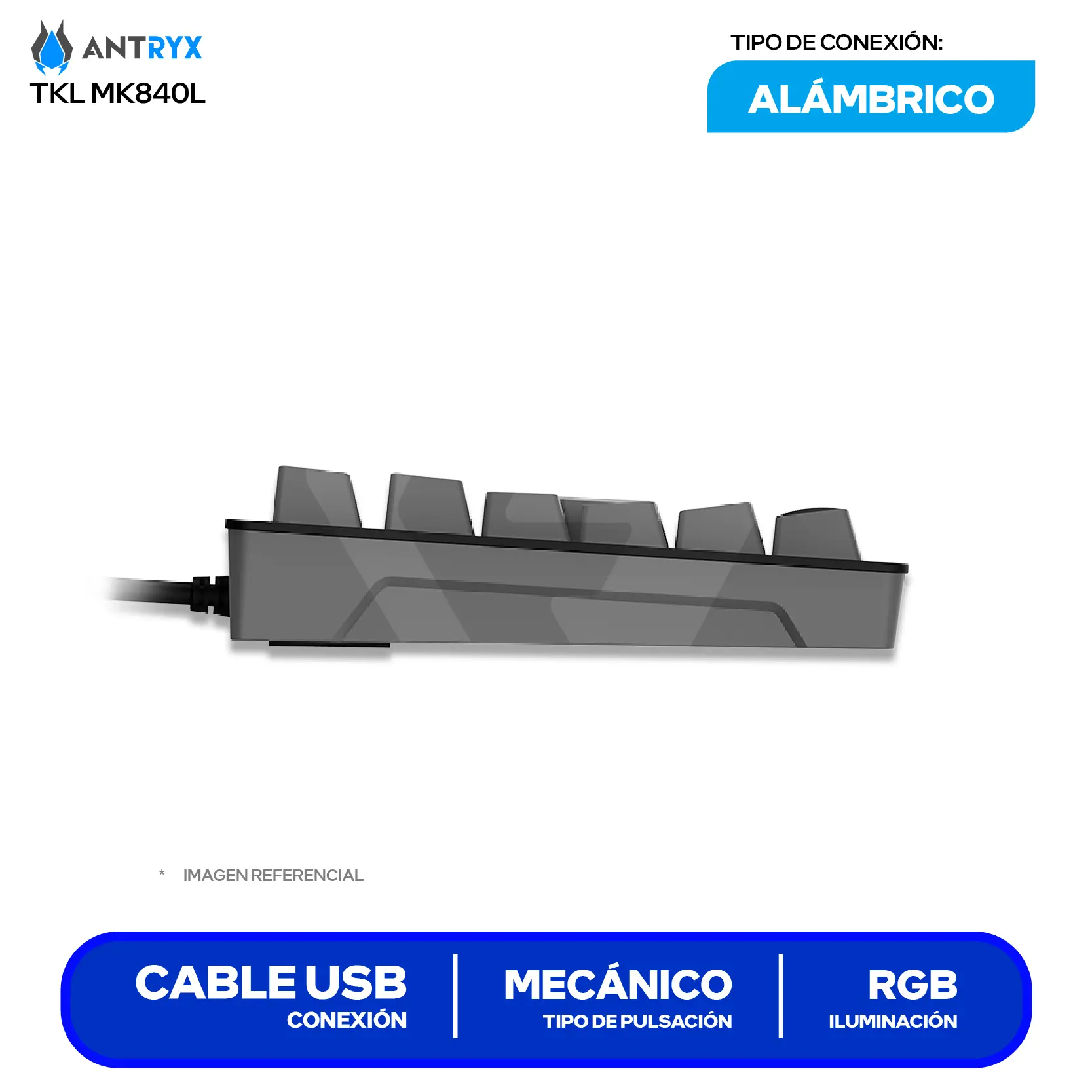 Teclado Gamer Antryx MK-840L Negro C/ Gris ( AMK-840LKGBLR1-SP )  Switch Blue, Mecánico RGB