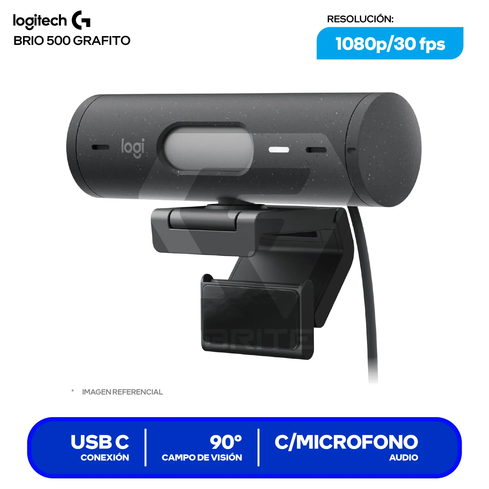 Cámara Web Logitech Brio 500 Negro (960-001412) Full HD 1080p, Micrófono integrado