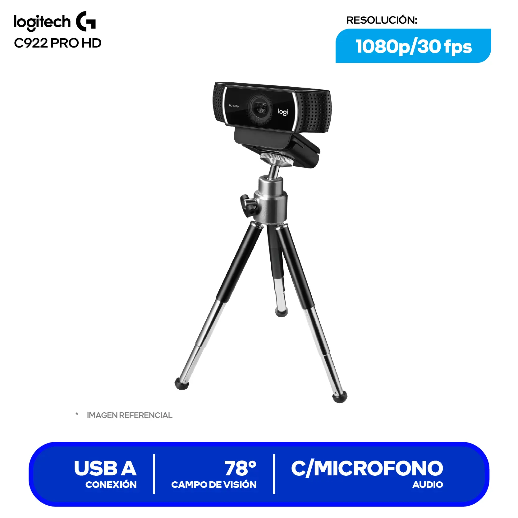 Cámara Web Logitech C922 Pro Stream Negro (960-001087) Full HD 1080p, Micrófono estéreo + Trípode