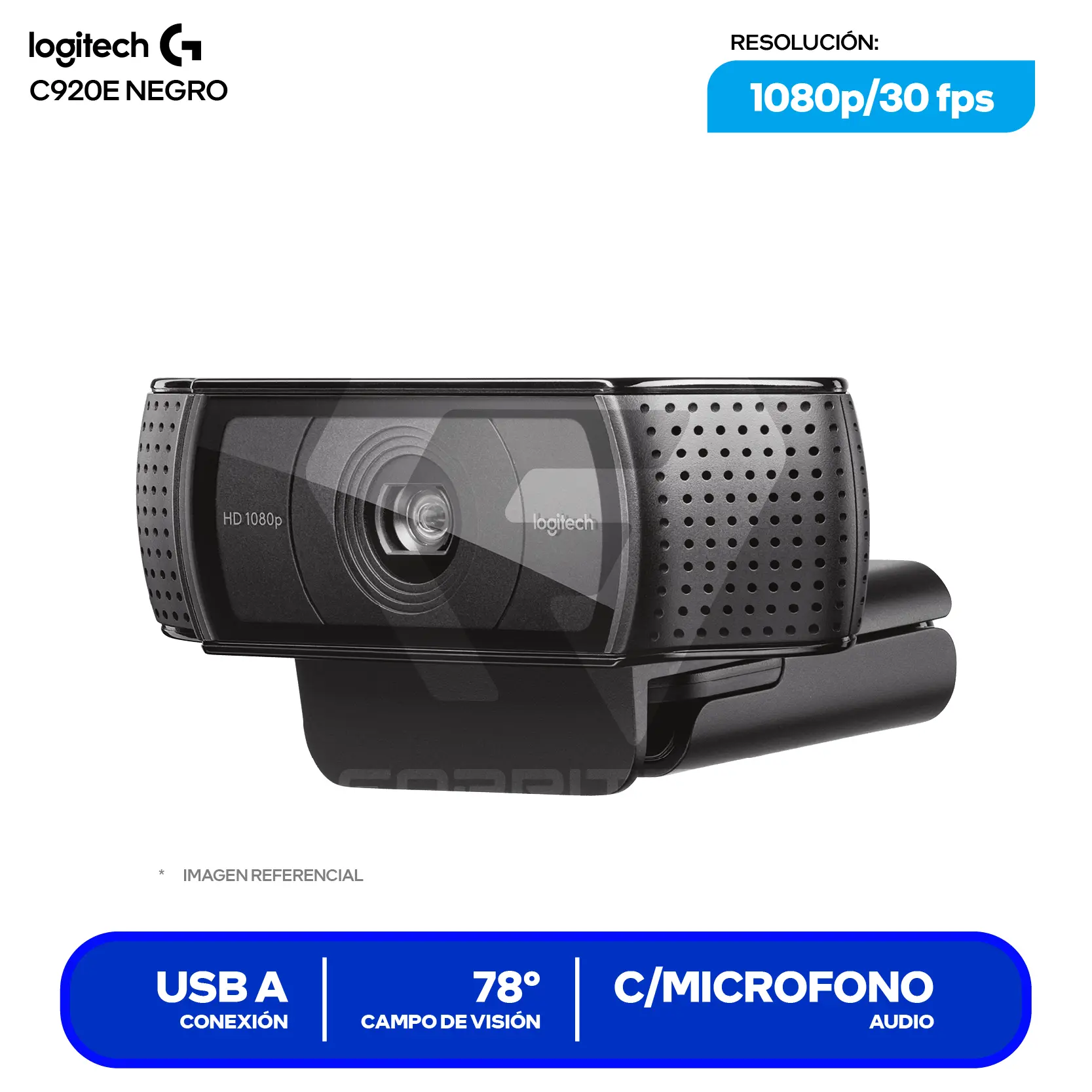 Cámara Web Logitech C920e Empresarial Negro (960-001401)  Full HD 1080p, Micrófono Dual