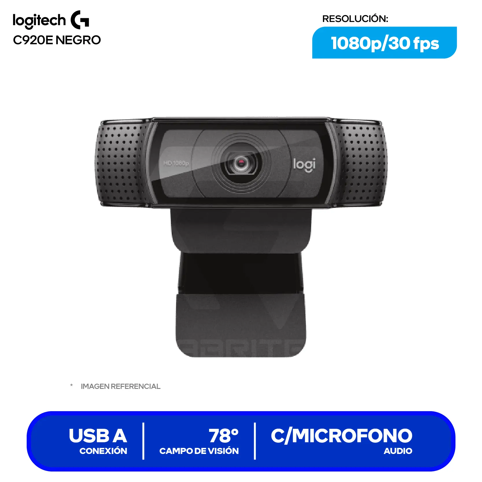Cámara Web Logitech C920e Empresarial Negro (960-001401)  Full HD 1080p, Micrófono Dual
