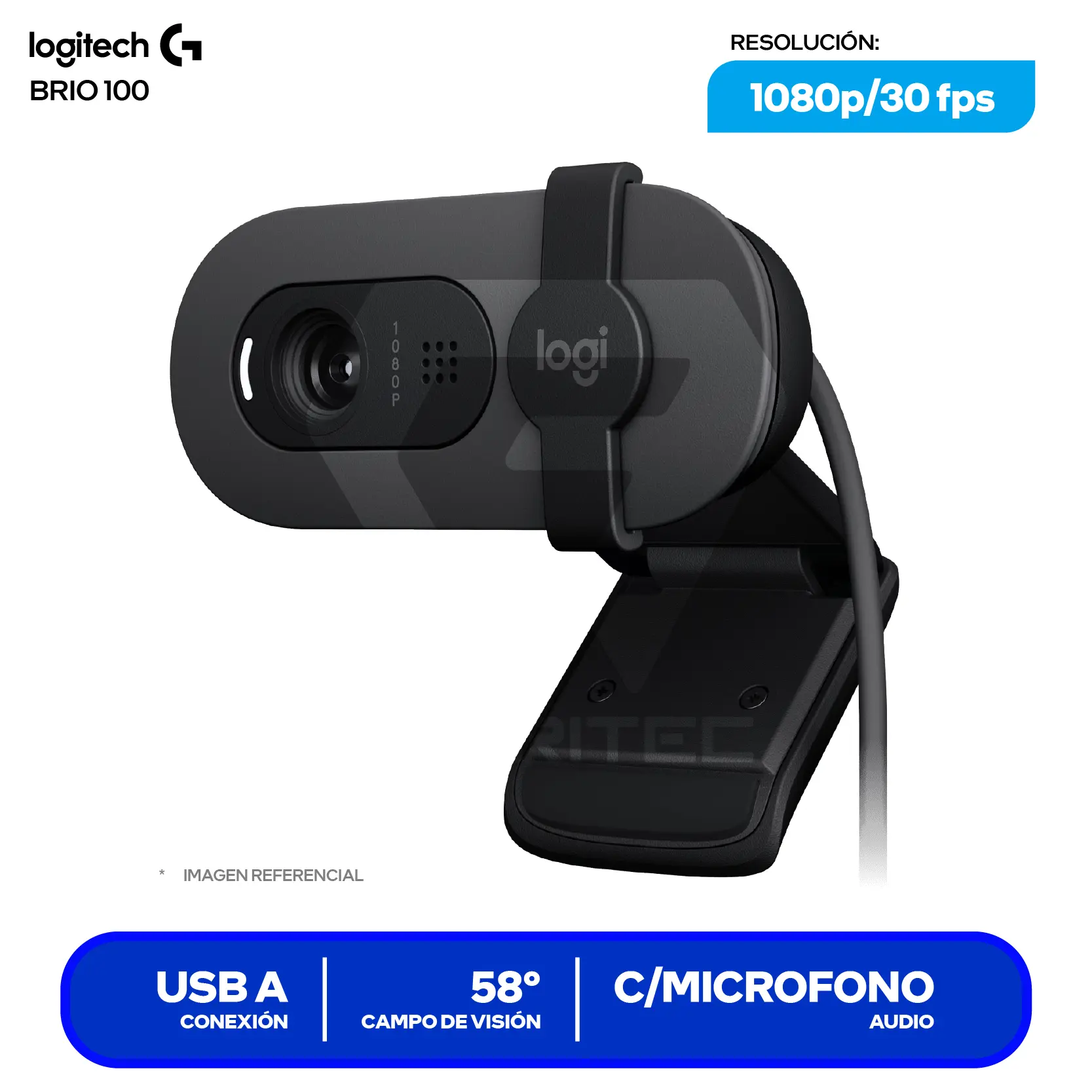 Cámara Web Logitech Brio 100 Grafito (960-001586) Full HD 1080p, Micrófono integrado