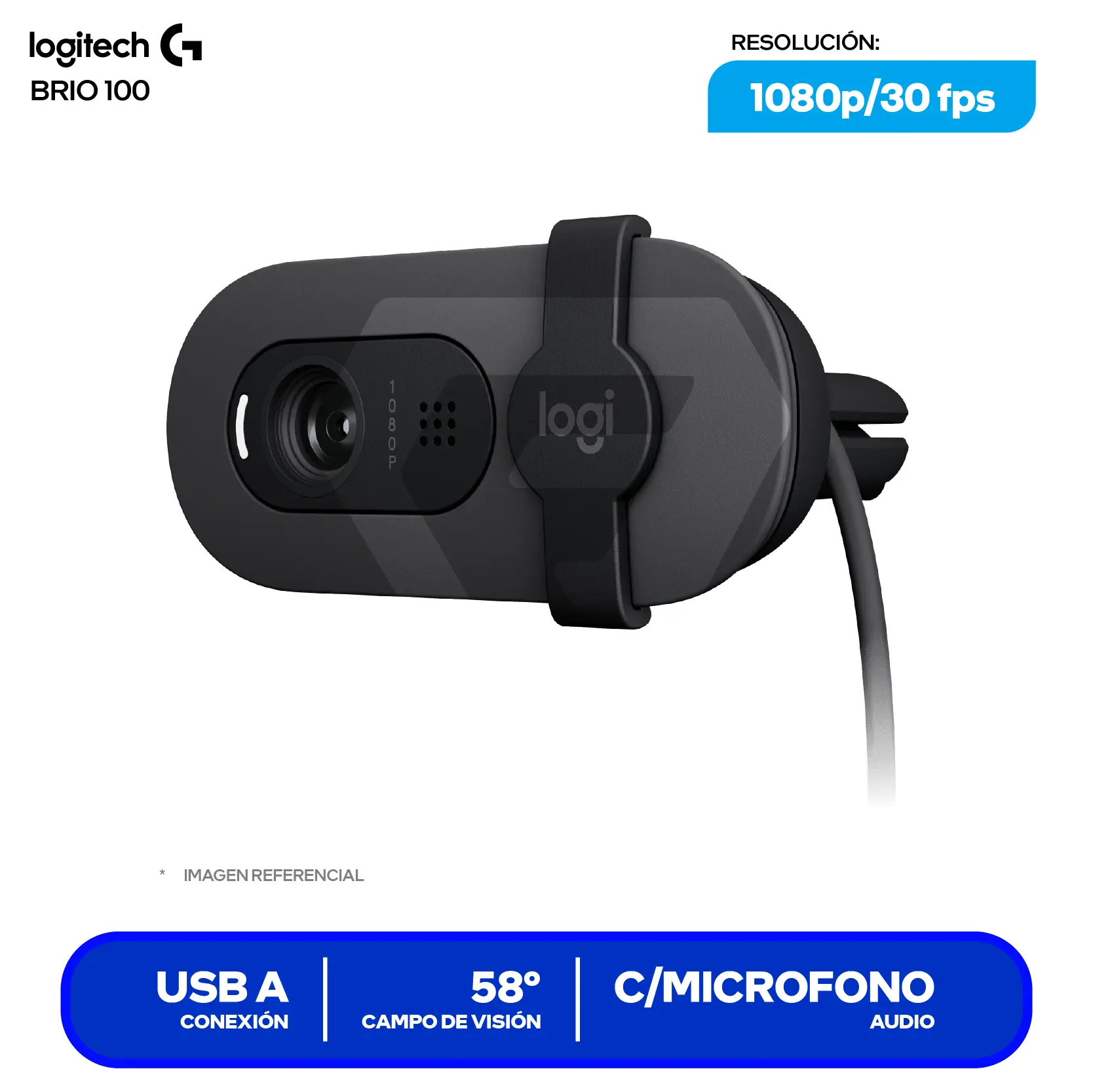 Cámara Web Logitech Brio 100 Grafito (960-001586) Full HD 1080p, Micrófono integrado