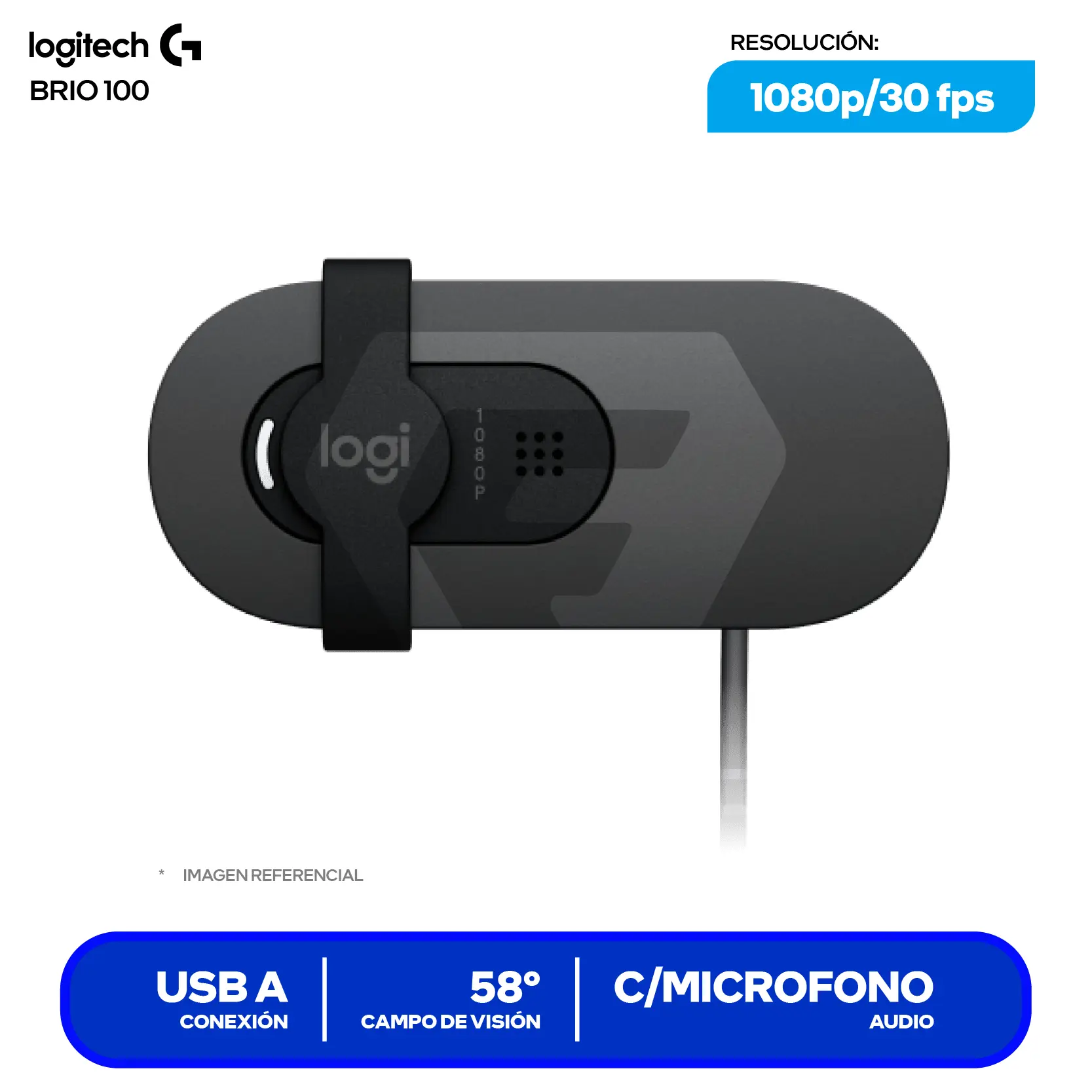 Cámara Web Logitech Brio 100 Grafito (960-001586) Full HD 1080p, Micrófono integrado