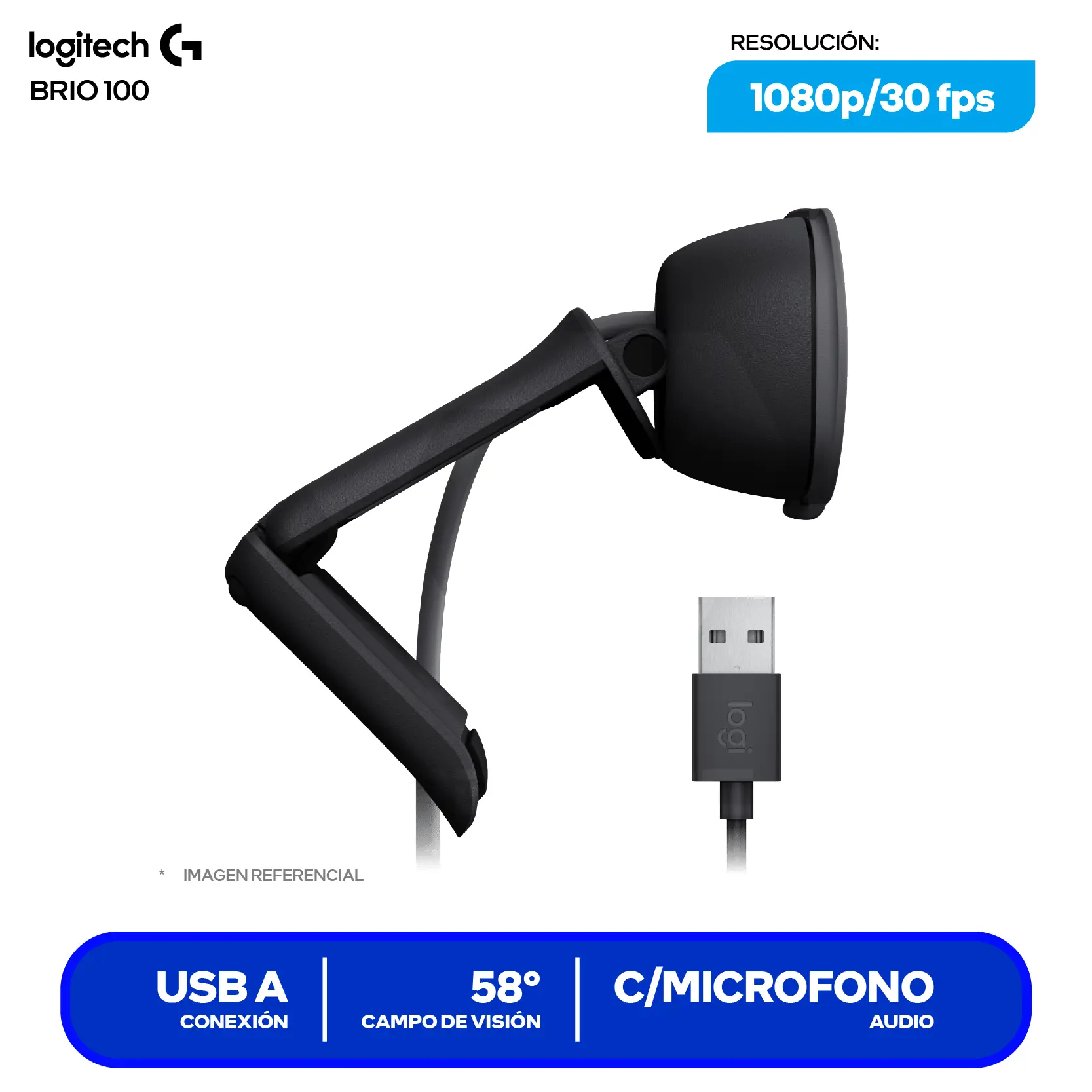 Cámara Web Logitech Brio 100 Grafito (960-001586) Full HD 1080p, Micrófono integrado