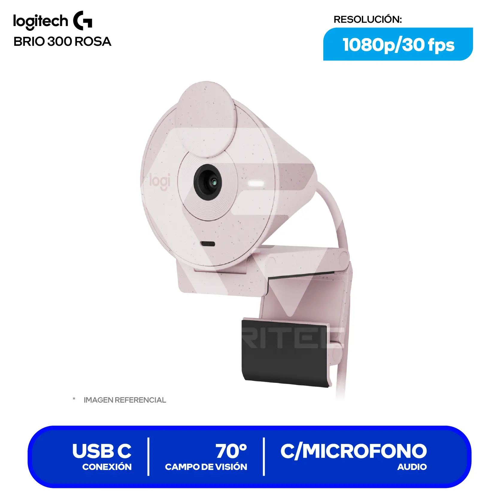 Cámara Web Logitech Brio 300 Rosa (960-001446)  Full HD 1080p, Micrófono integrado
