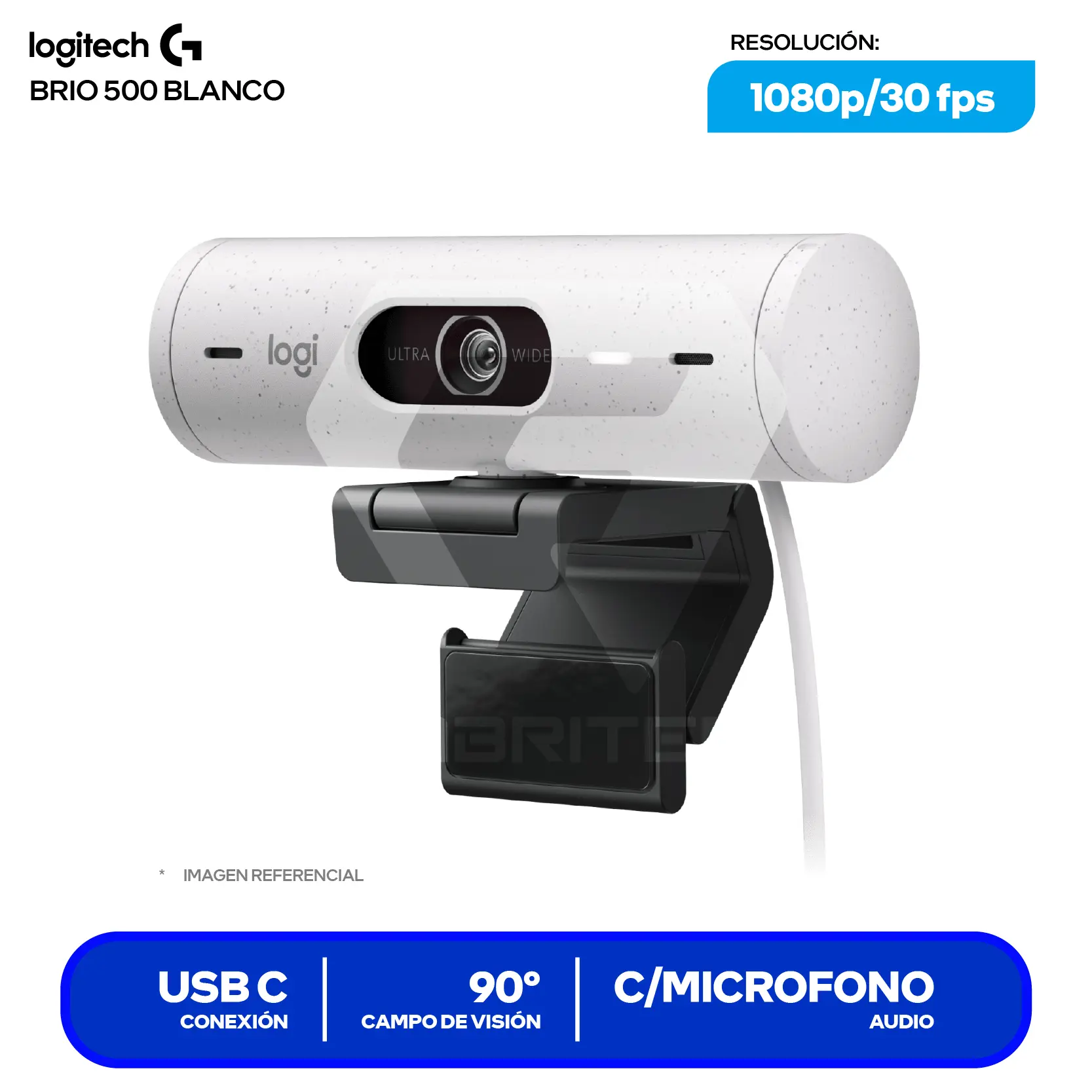 Cámara Web Logitech Brio 500 Blanco Crudo (960-001426)  Full HD 1080p, Micrófono integrado