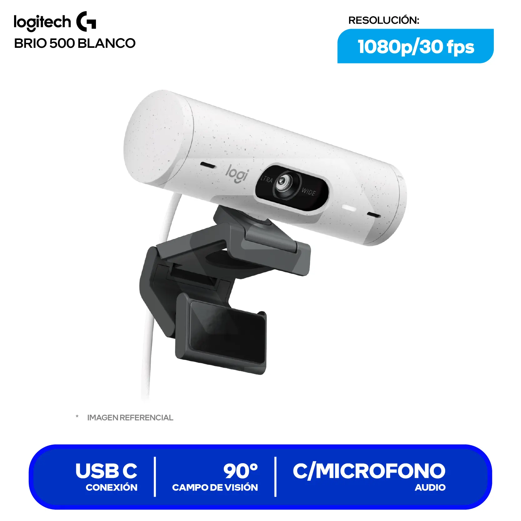 Cámara Web Logitech Brio 500 Blanco Crudo (960-001426)  Full HD 1080p, Micrófono integrado