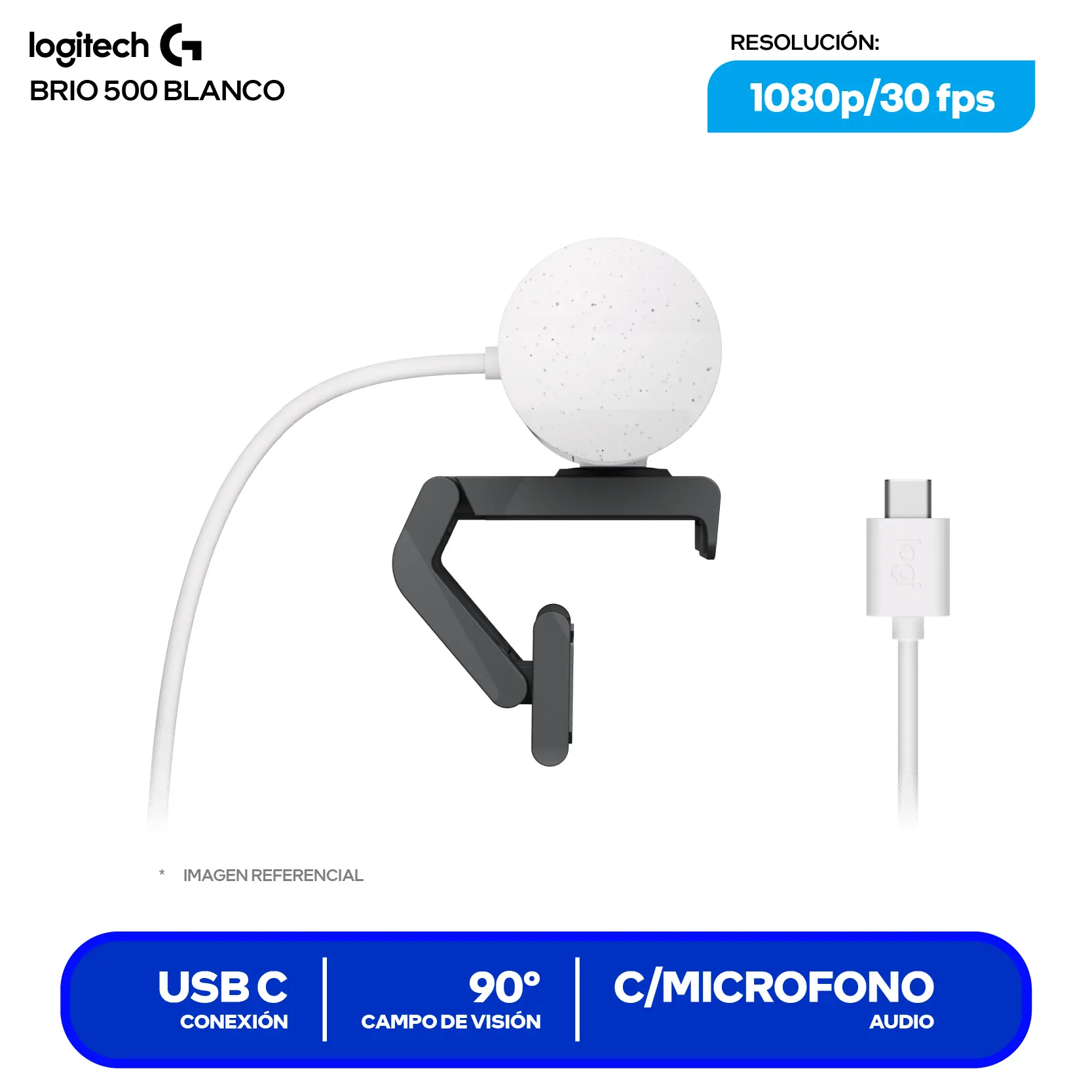 Cámara Web Logitech Brio 500 Blanco Crudo (960-001426)  Full HD 1080p, Micrófono integrado