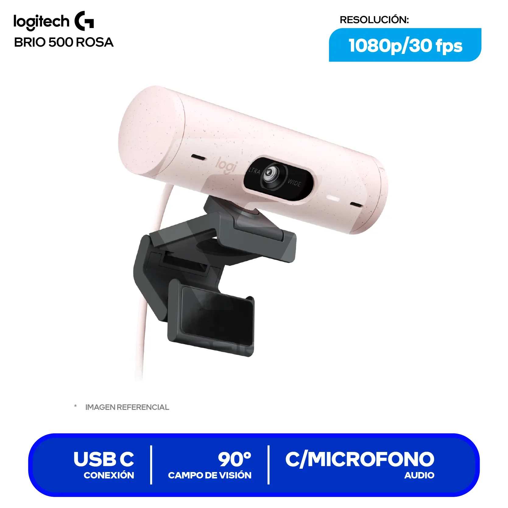Cámara Web Logitech Brio 500 Rosa (960-001418)  Full HD 1080p, Micrófono integrado