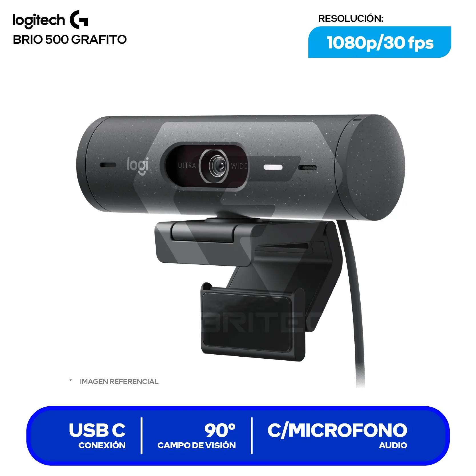 Cámara Web Logitech Brio 500 Grafito (960-001412)  Full HD 1080p, Micrófono integrado