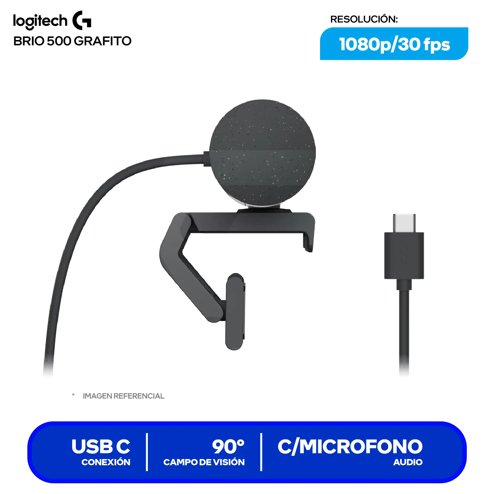 Cámara Web Logitech Brio 500 Grafito (960-001412)  Full HD 1080p, Micrófono integrado