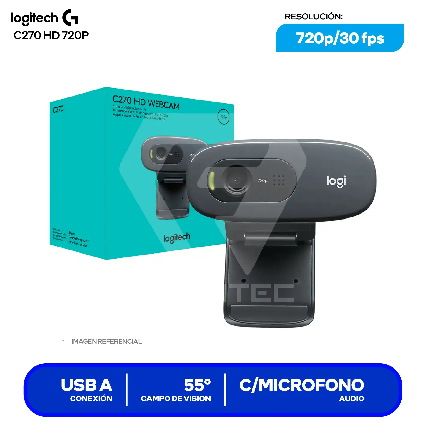 Cámara Web Logitech C270 HD Gris Oscuro (960-000694) HD 720p, Micrófono con Reducción de Ruido