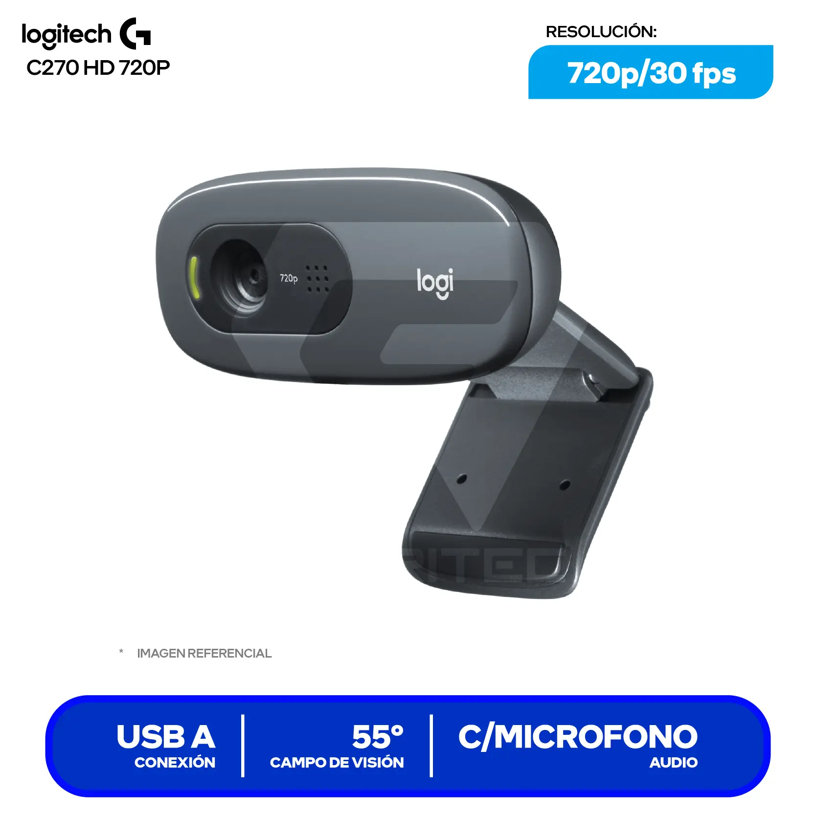 Cámara Web Logitech C270 HD Gris Oscuro (960-000694) HD 720p, Micrófono con Reducción de Ruido