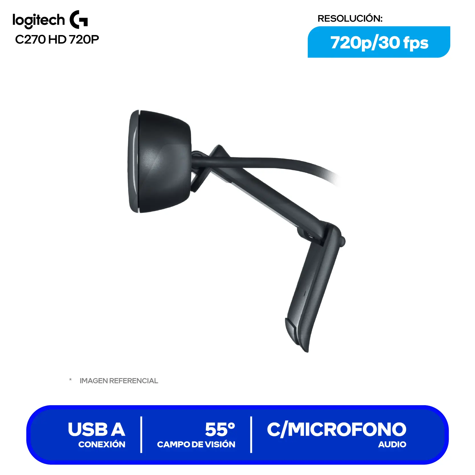 Cámara Web Logitech C270 HD Gris Oscuro (960-000694) HD 720p, Micrófono con Reducción de Ruido