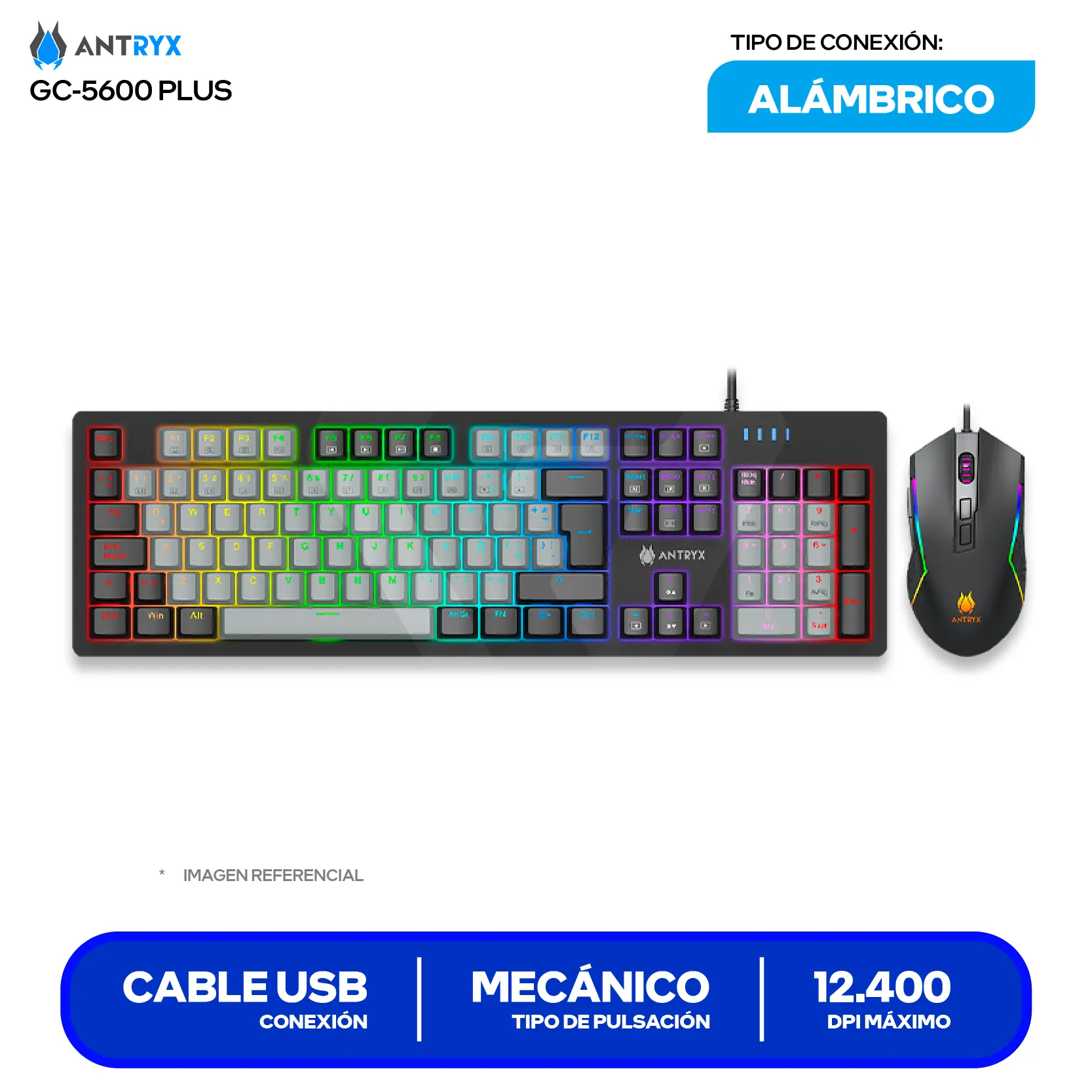Kit Teclado + Mouse Gamer Antryx GC-5600 Plus (AGC-5650KRE-SP) Switch Red, RGB, 12400 DPI