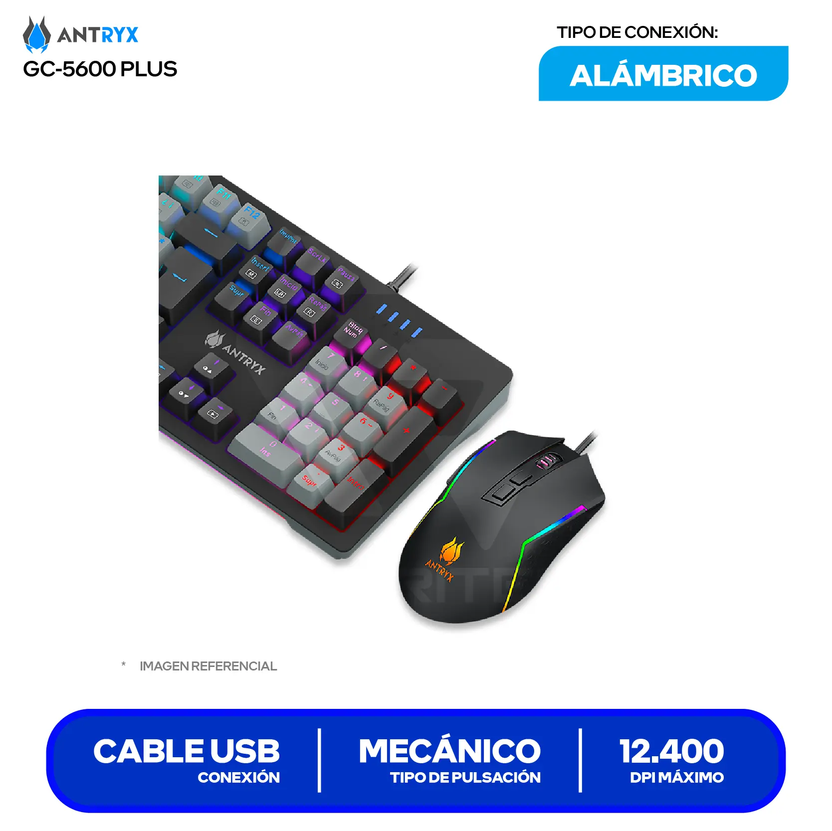 Kit Teclado + Mouse Gamer Antryx GC-5600 Plus (AGC-5650KRE-SP) Switch Red, RGB, 12400 DPI
