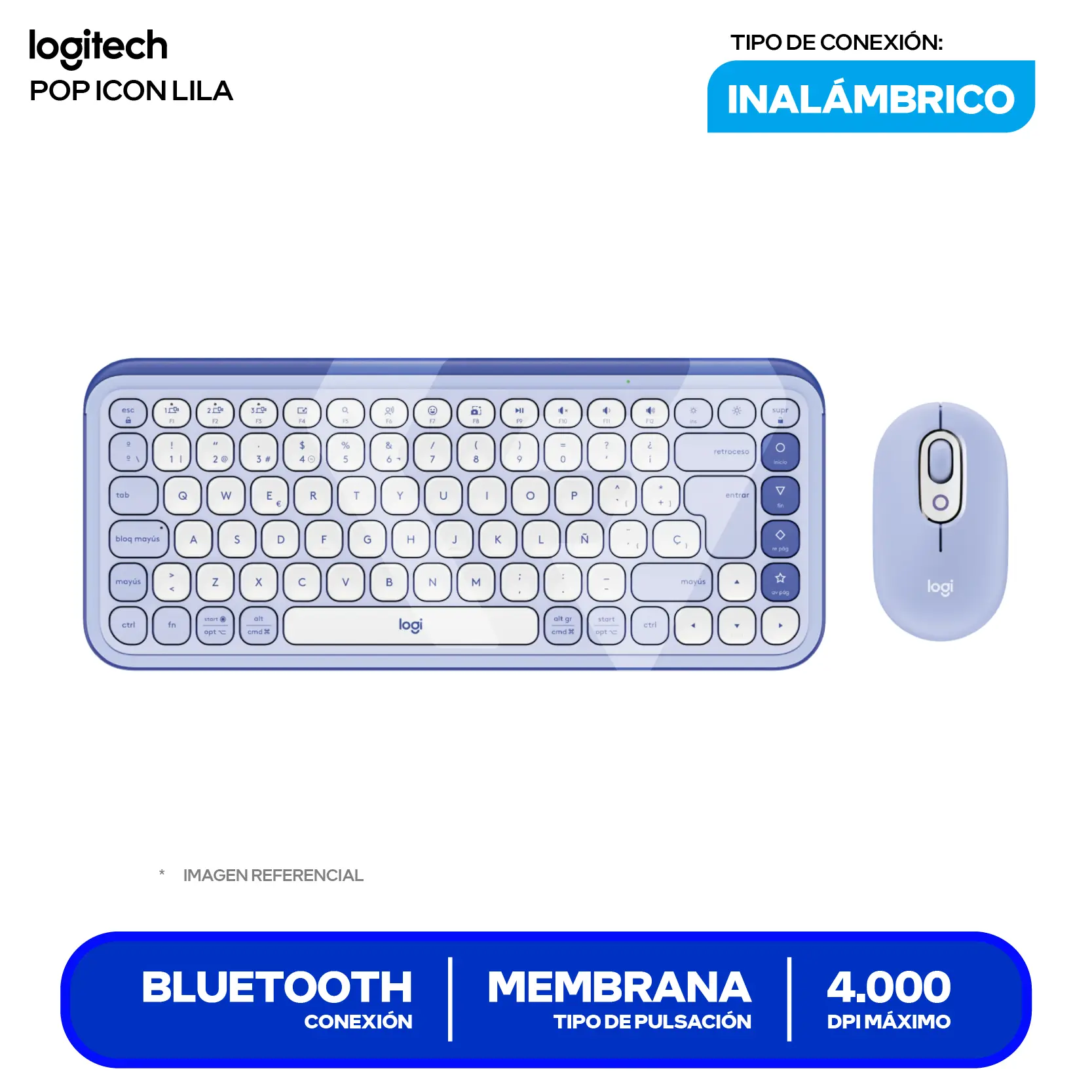 Kit Teclado + Mouse Inalámbrico Logitech POP Icon Lila y blanco (920-013054) Bluetooth, Multi-Dispositivo