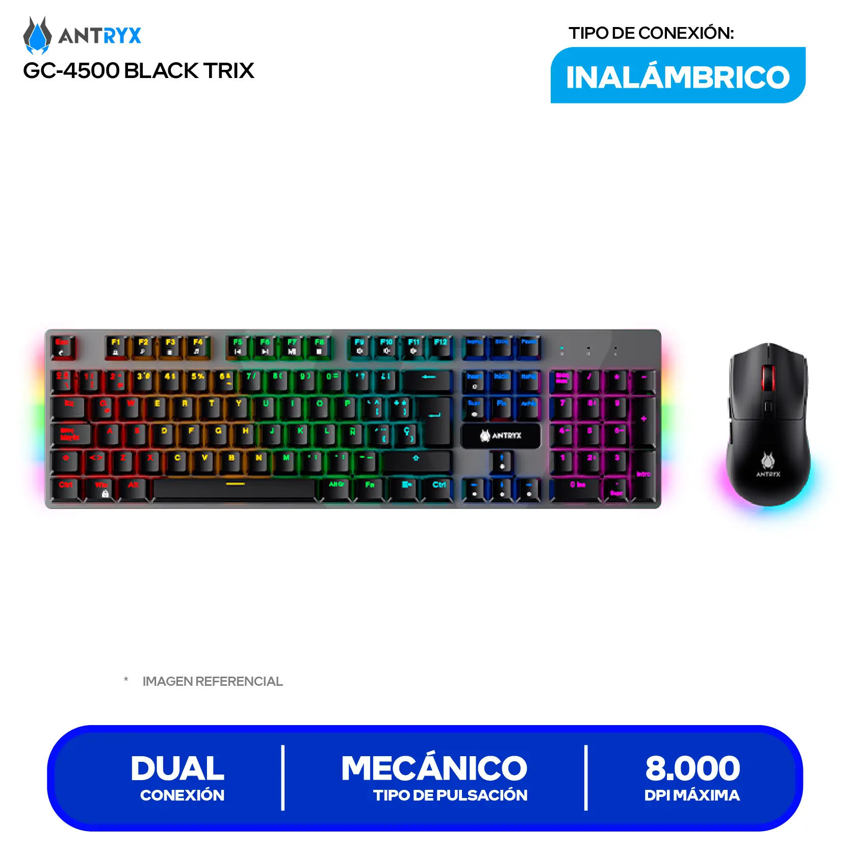 Kit Teclado + Mouse Gamer Antryx GC-4500 TRIX ( AGC-4500TXKBL-SP) Switch Blue, RGB, 8000 DPI