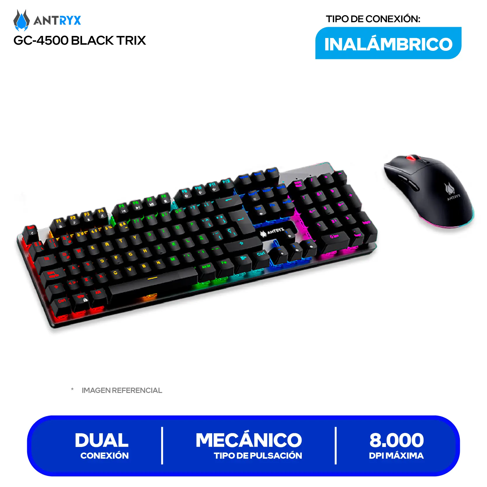 Kit Teclado + Mouse Gamer Antryx GC-4500 TRIX ( AGC-4500TXKBL-SP) Switch Blue, RGB, 8000 DPI