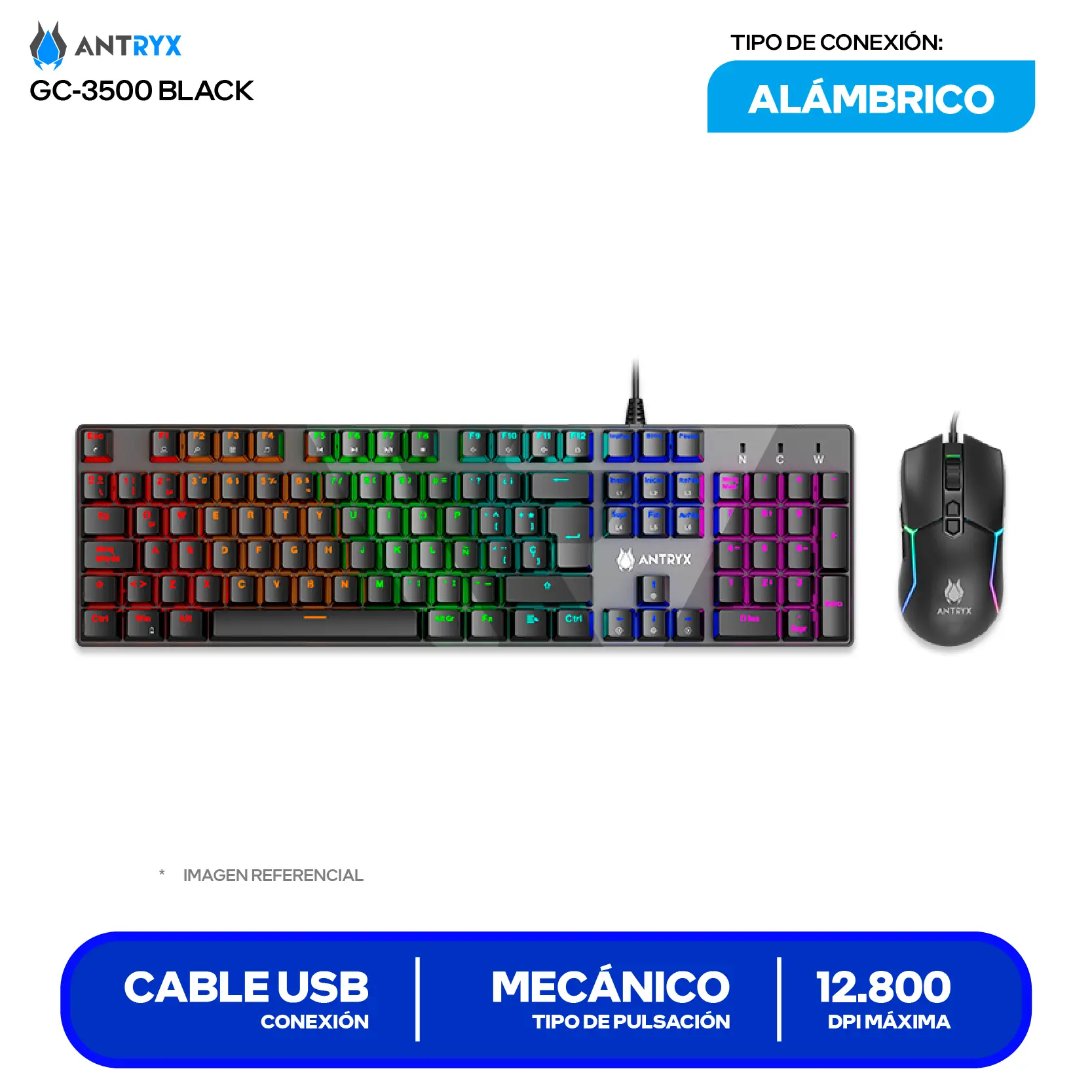 Kit Teclado + Mouse Gamer Antryx GC-3500 (AGC-3500KBL-SP) Switch Blue, RGB, 12800 DPI