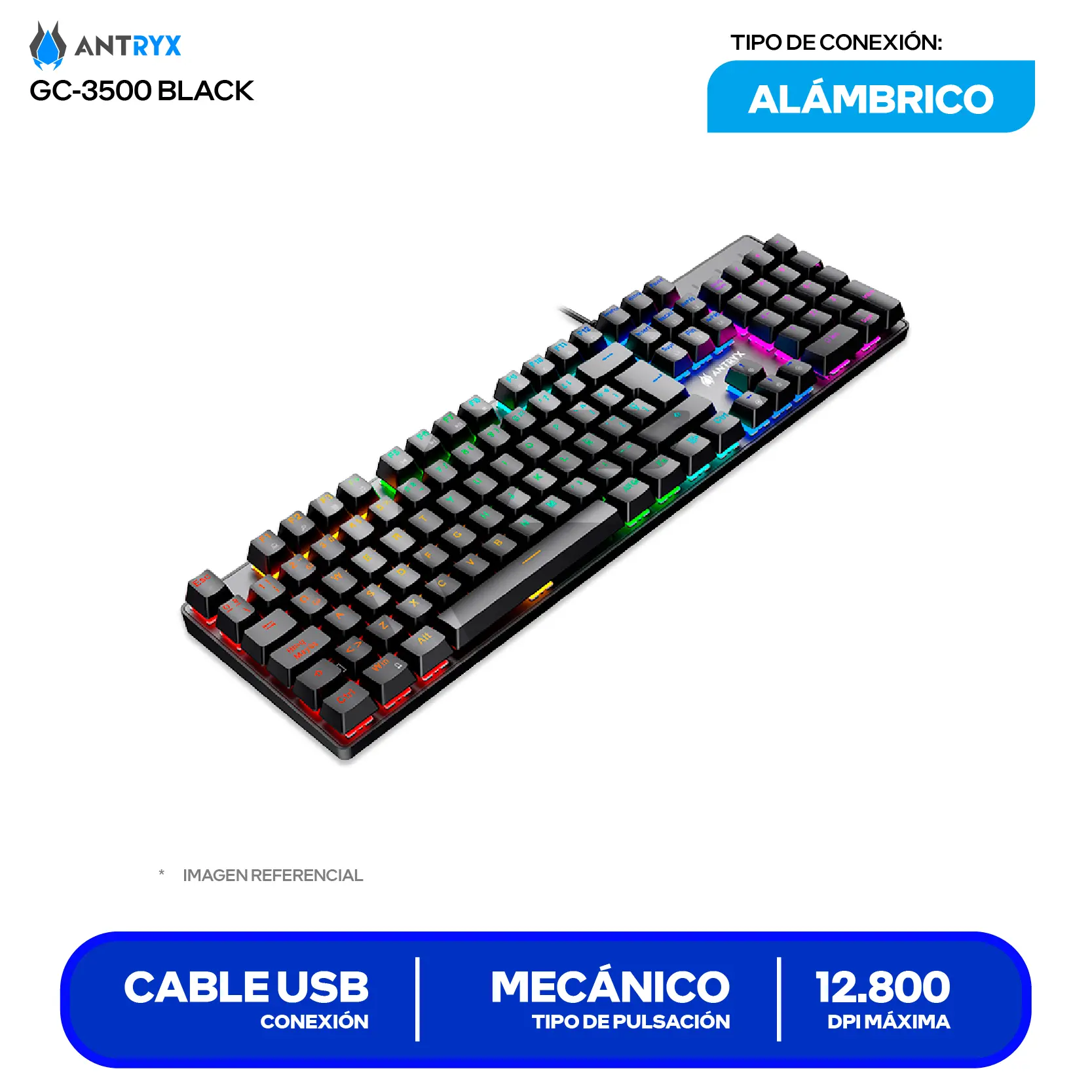Kit Teclado + Mouse Gamer Antryx GC-3500 (AGC-3500KBL-SP) Switch Blue, RGB, 12800 DPI