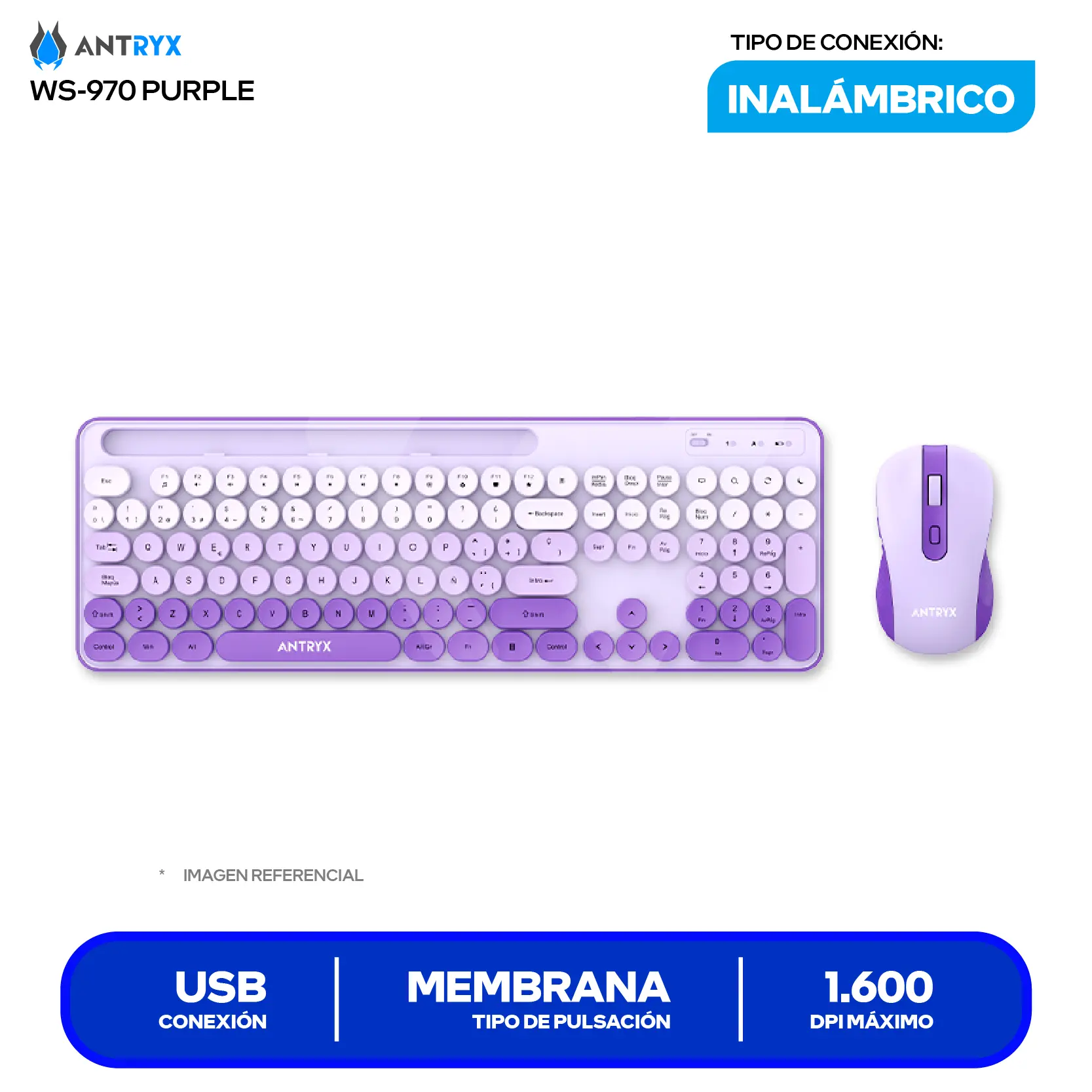 Kit Teclado + Mouse Gamer Antryx WS-970 Morado (ASC-WS970PE) USB, 1600 DPI