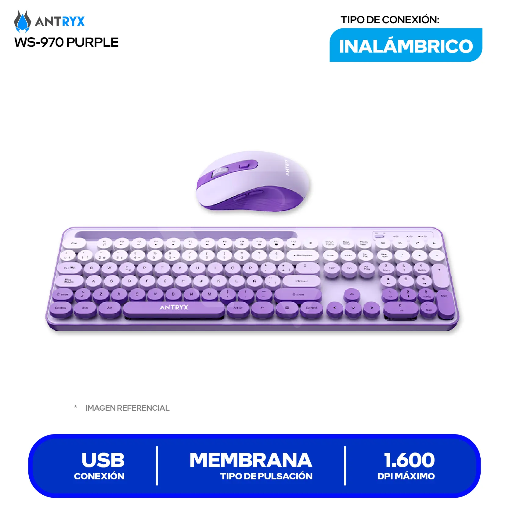 Kit Teclado + Mouse Gamer Antryx WS-970 Morado (ASC-WS970PE) USB, 1600 DPI