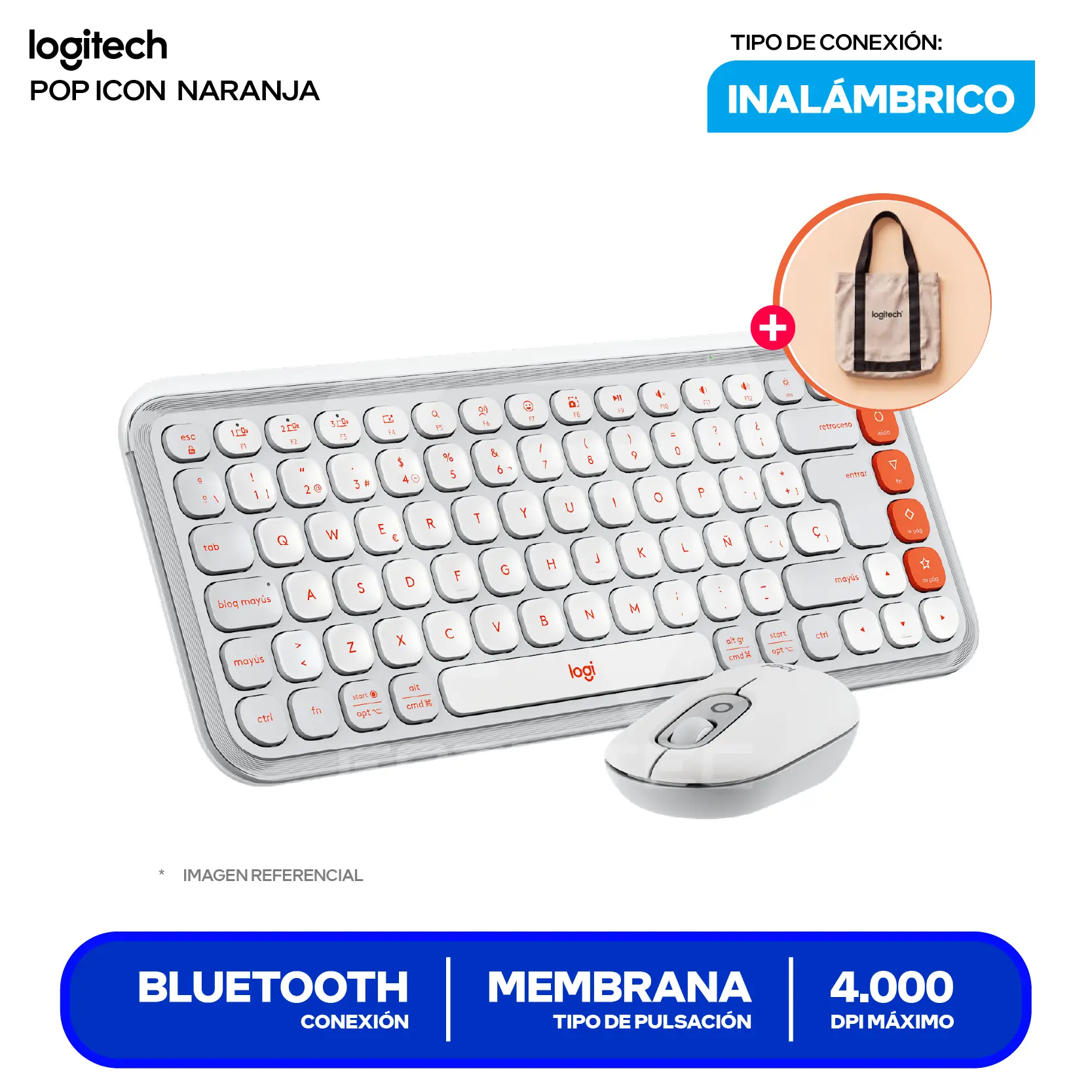 Kit Teclado + Mouse Inalámbrico Logitech POP Icon Blanco y naranja (920-013055) Bluetooth, Multi-Dispositivo