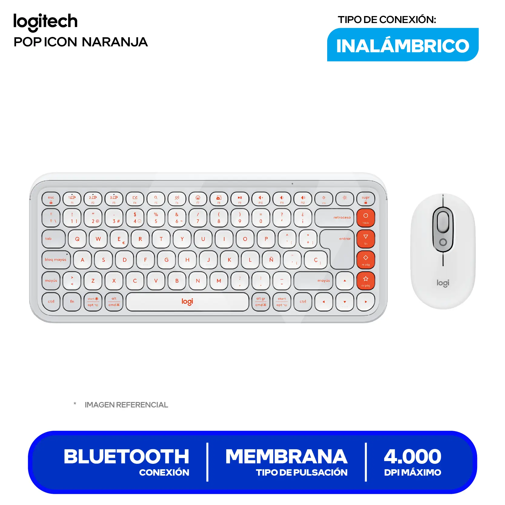 Kit Teclado + Mouse Inalámbrico Logitech POP Icon Blanco y naranja (920-013055) Bluetooth, Multi-Dispositivo
