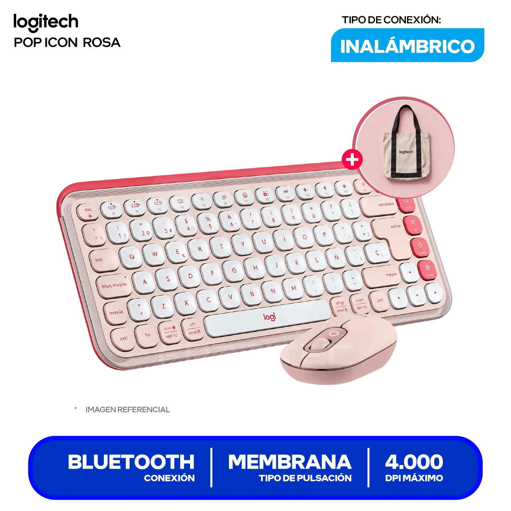 Kit Teclado + Mouse Inalámbrico Logitech POP Icon Rosado y blanco (920-013053) Bluetooth, Multi-Dispositivo