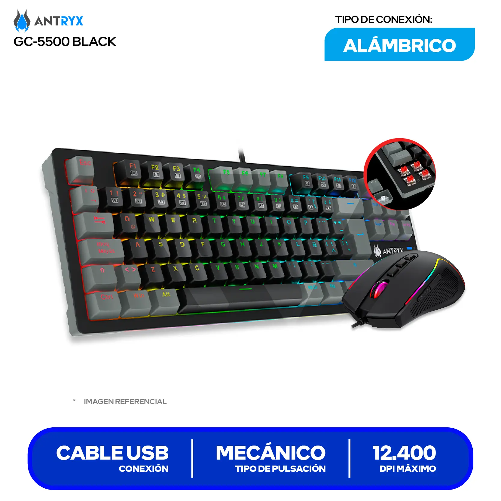 Kit Teclado + Mouse Gamer Antryx GC-5500 (AGC-5500KRE-SP) Switch Red, RGB, 12400 DPI
