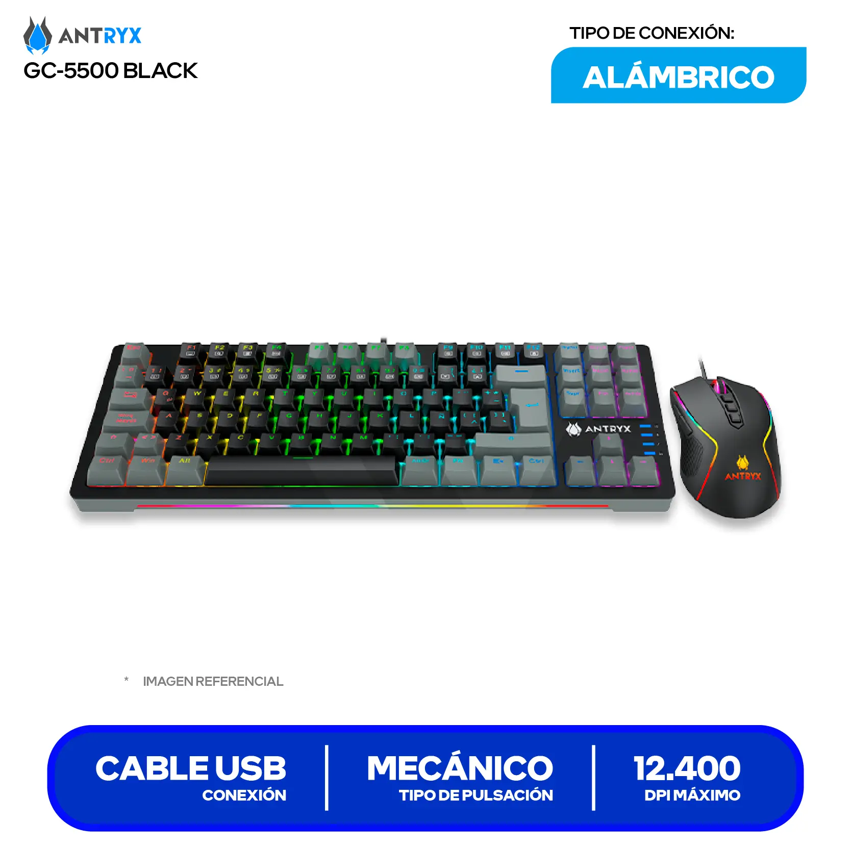 Kit Teclado + Mouse Gamer Antryx GC-5500 (AGC-5500KRE-SP) Switch Red, RGB, 12400 DPI