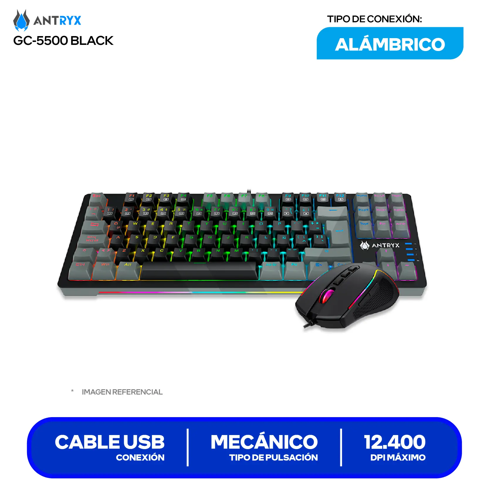 Kit Teclado + Mouse Gamer Antryx GC-5500 (AGC-5500KRE-SP) Switch Red, RGB, 12400 DPI