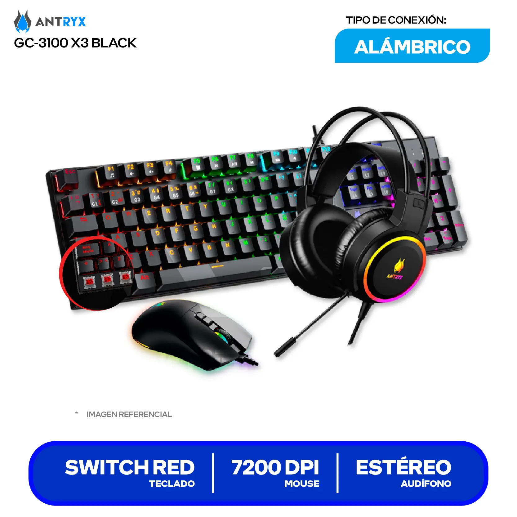 Kit Teclado + Mouse Gamer Antryx GC-3100 X3 Black (AGC-3100X3KRE-SP) Switch Red, RGB, 7200 DPI