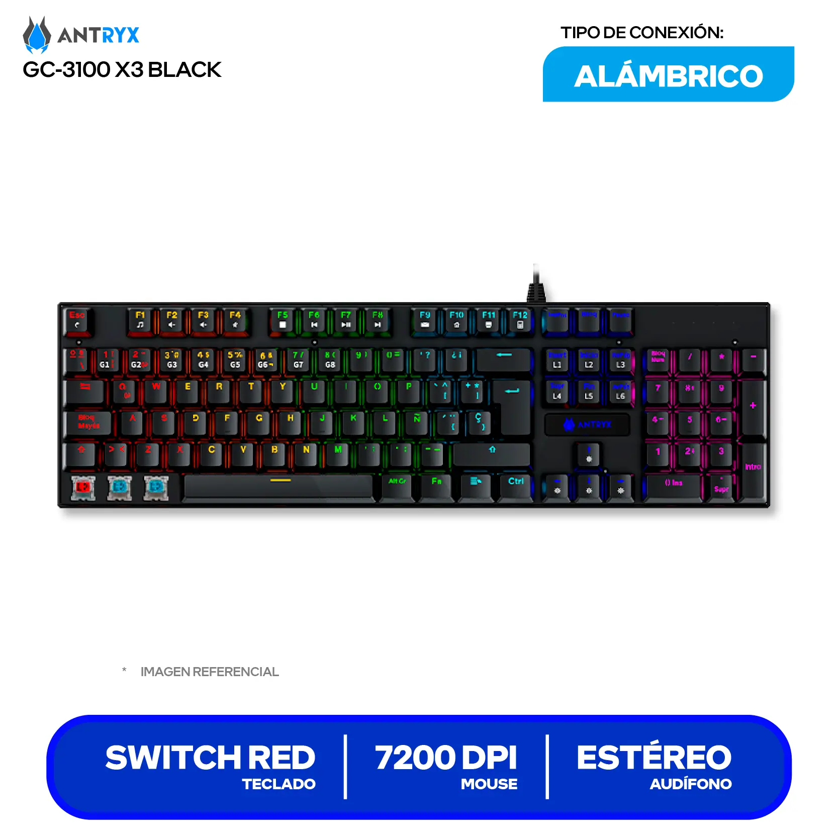 Kit Teclado + Mouse Gamer Antryx GC-3100 X3 Black (AGC-3100X3KRE-SP) Switch Red, RGB, 7200 DPI