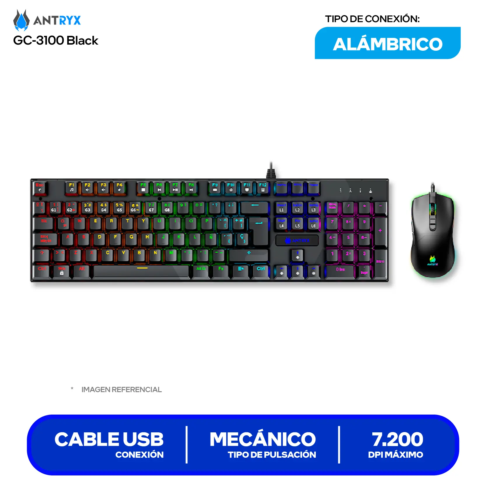 Kit Teclado + Mouse Gamer Antryx GC-3100 Negro (AGC-3100KRE-SP) Switch Red, RGB, 7200 DPI
