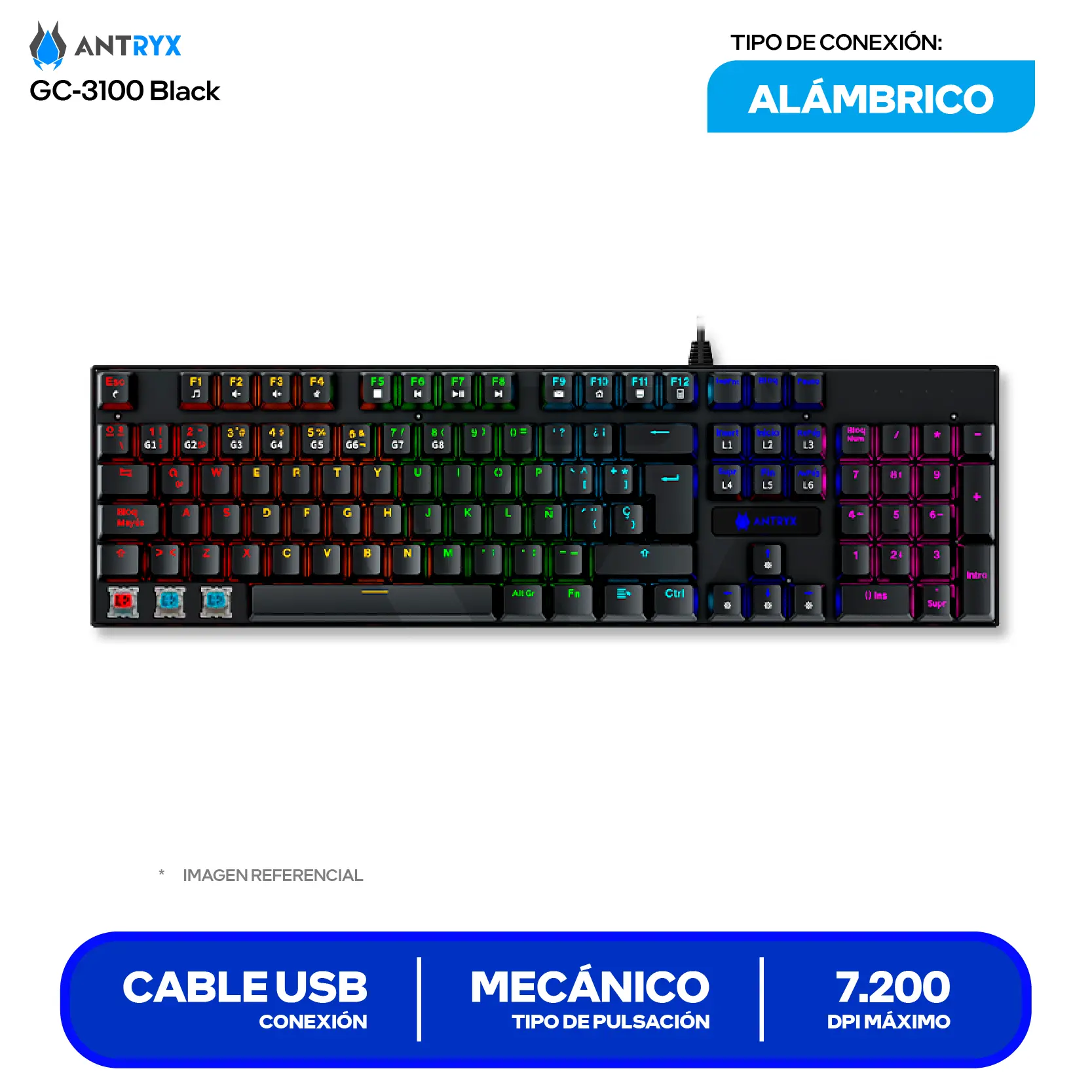 Kit Teclado + Mouse Gamer Antryx GC-3100 Negro (AGC-3100KRE-SP) Switch Red, RGB, 7200 DPI