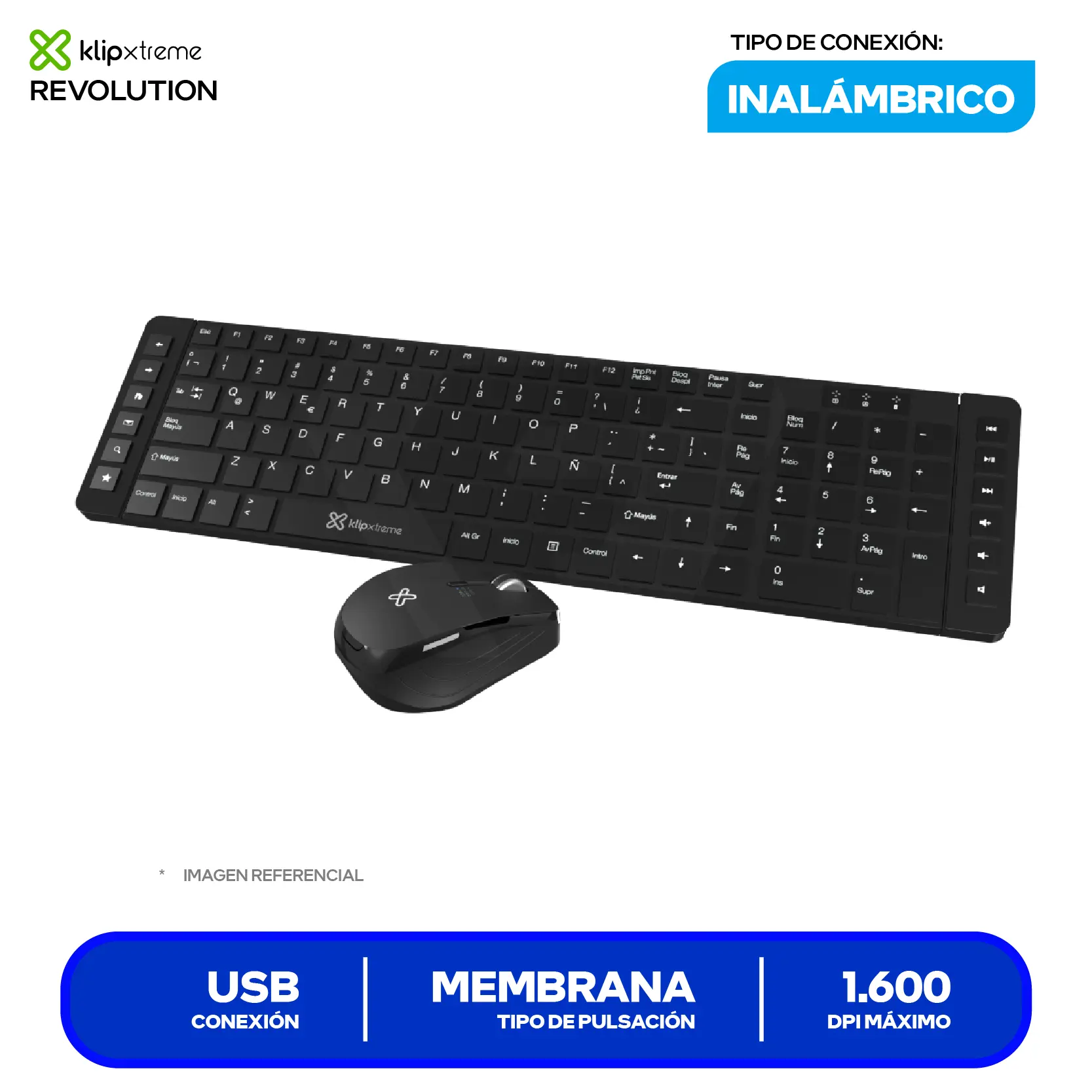 Kit Teclado + Mouse Inalámbrico Klip Xtreme Revolution (KCK-270S) USB
