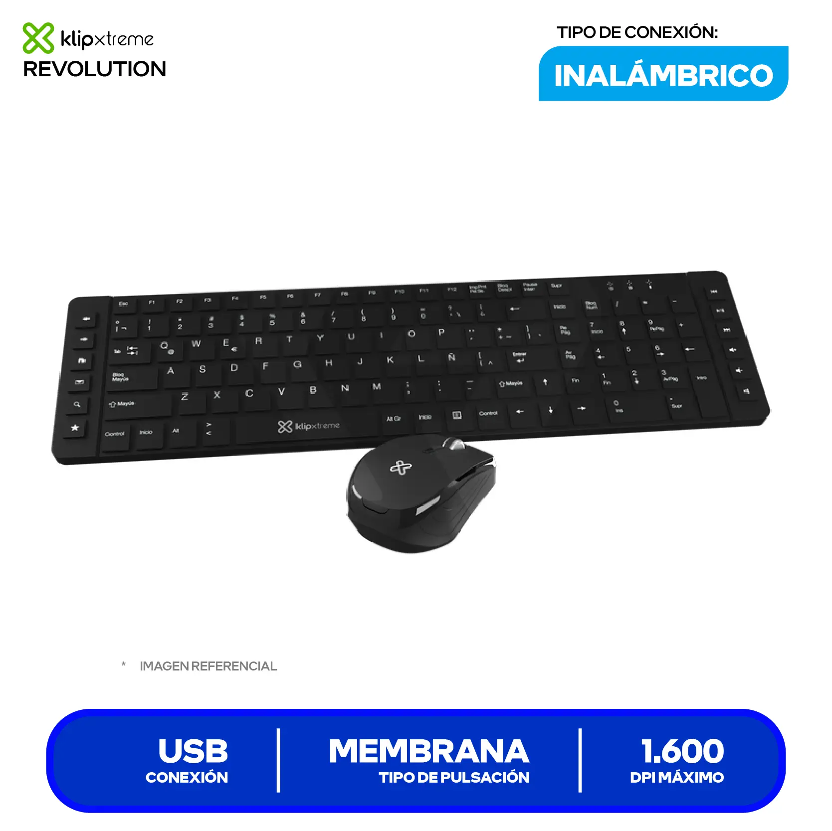 Kit Teclado + Mouse Inalámbrico Klip Xtreme Revolution (KCK-270S) USB