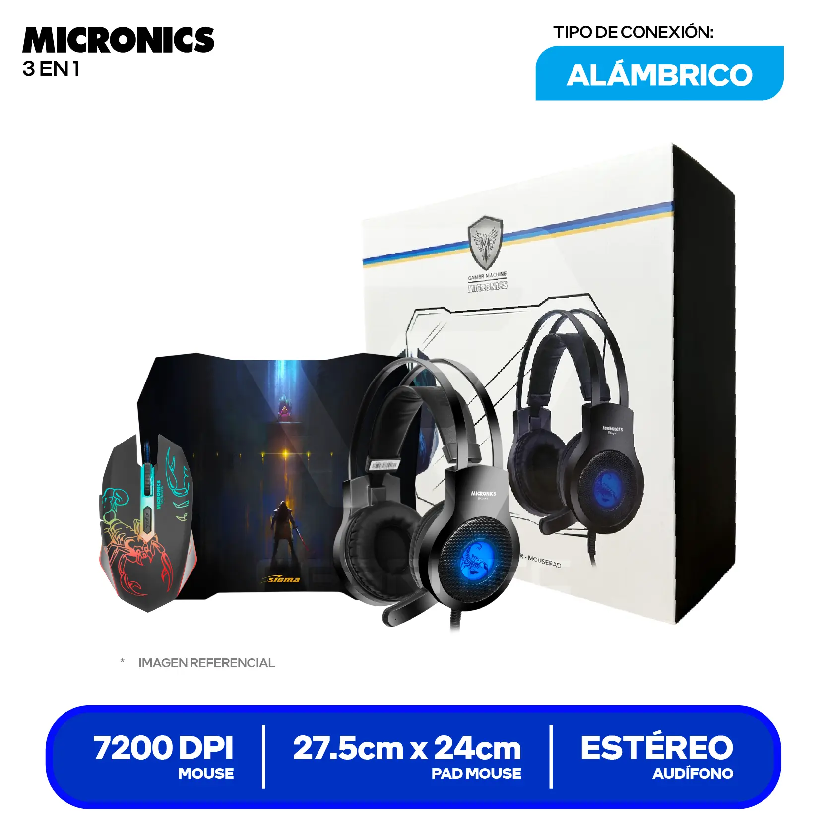 Kit Gamer Micronics 3 en 1 Mouse + Pad mouse + Audífono (MIC T1 29HI)