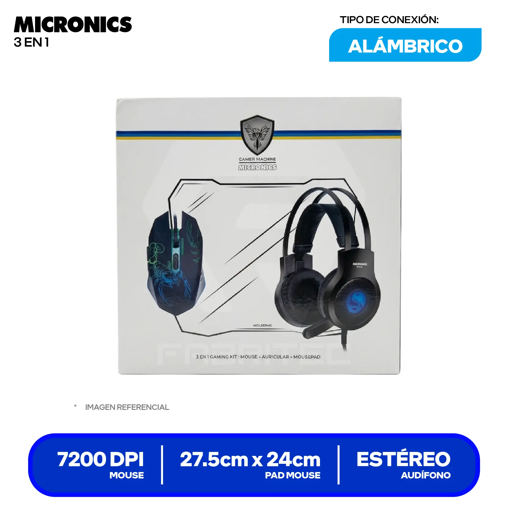 Kit Gamer Micronics 3 en 1 Mouse + Pad mouse + Audífono (MIC T1 29HI)