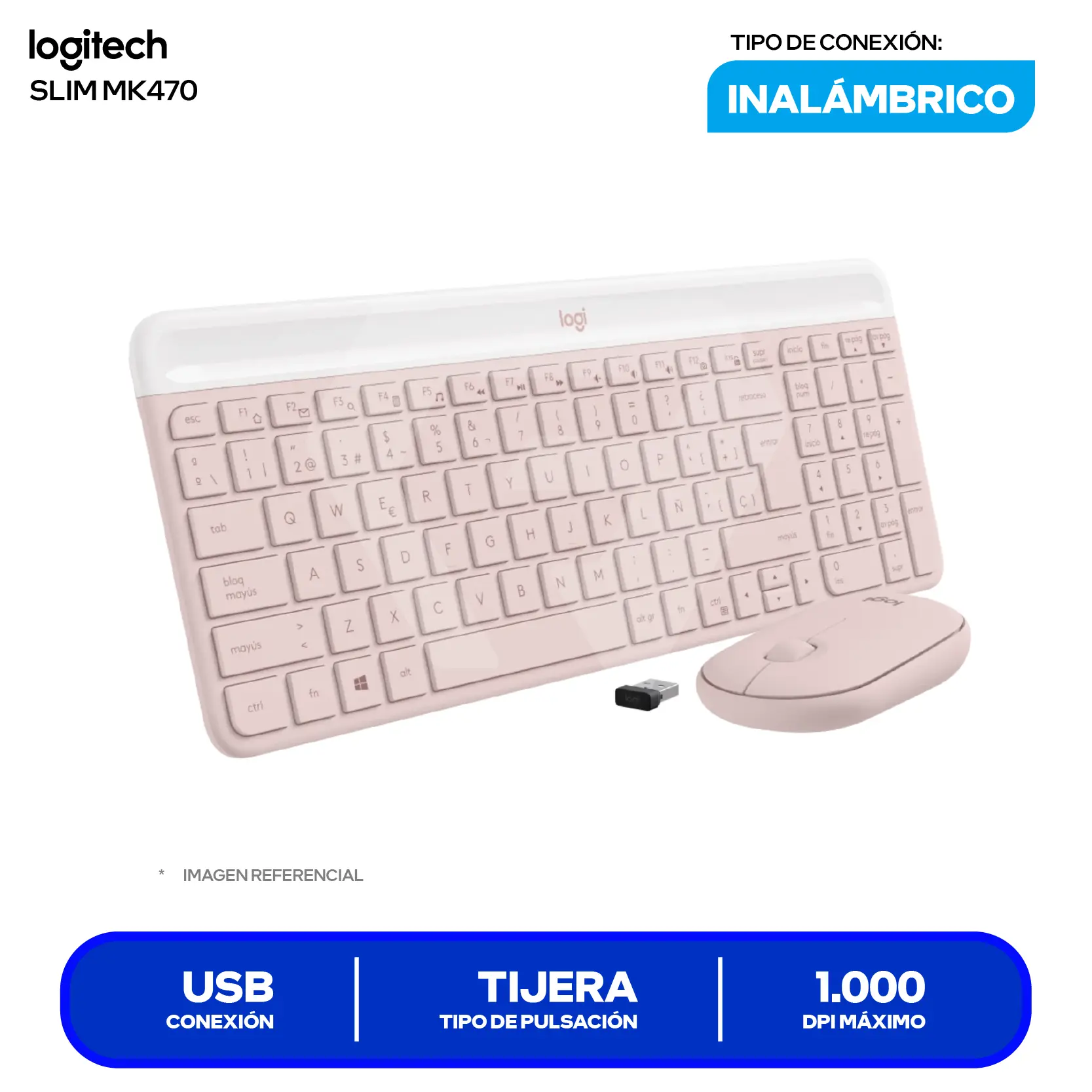 Kit Teclado + Mouse Inalámbrico Logitech Slim MK470 Rosa (920-011312) USB